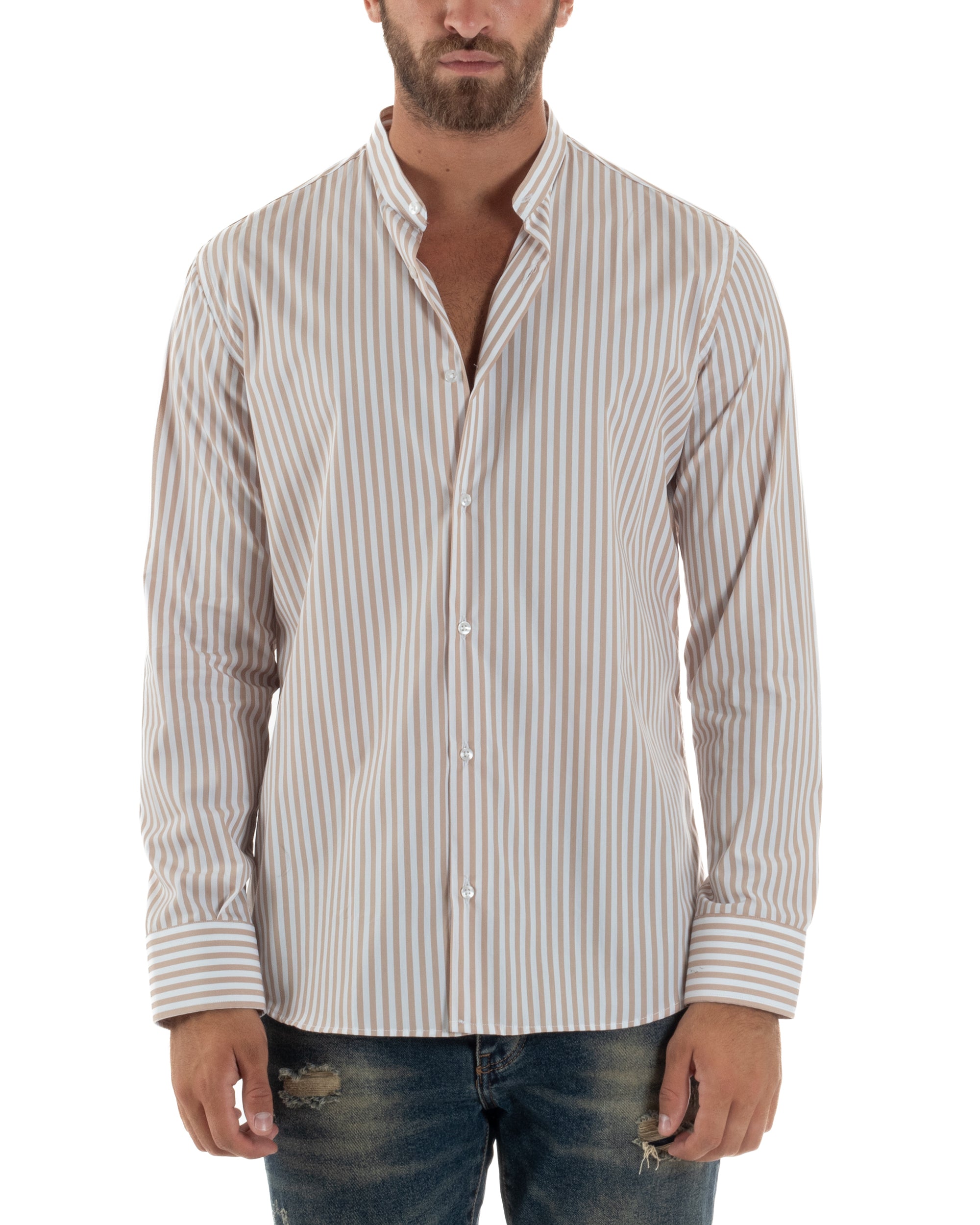 Camicia Cotone Collo Coreano Fantasia Righe C3015A