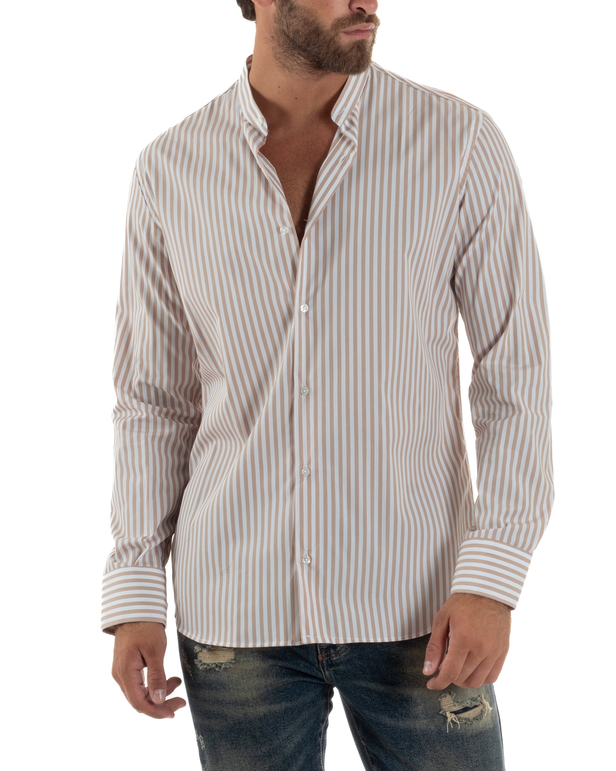 Camicia Cotone Collo Coreano Fantasia Righe C3015A