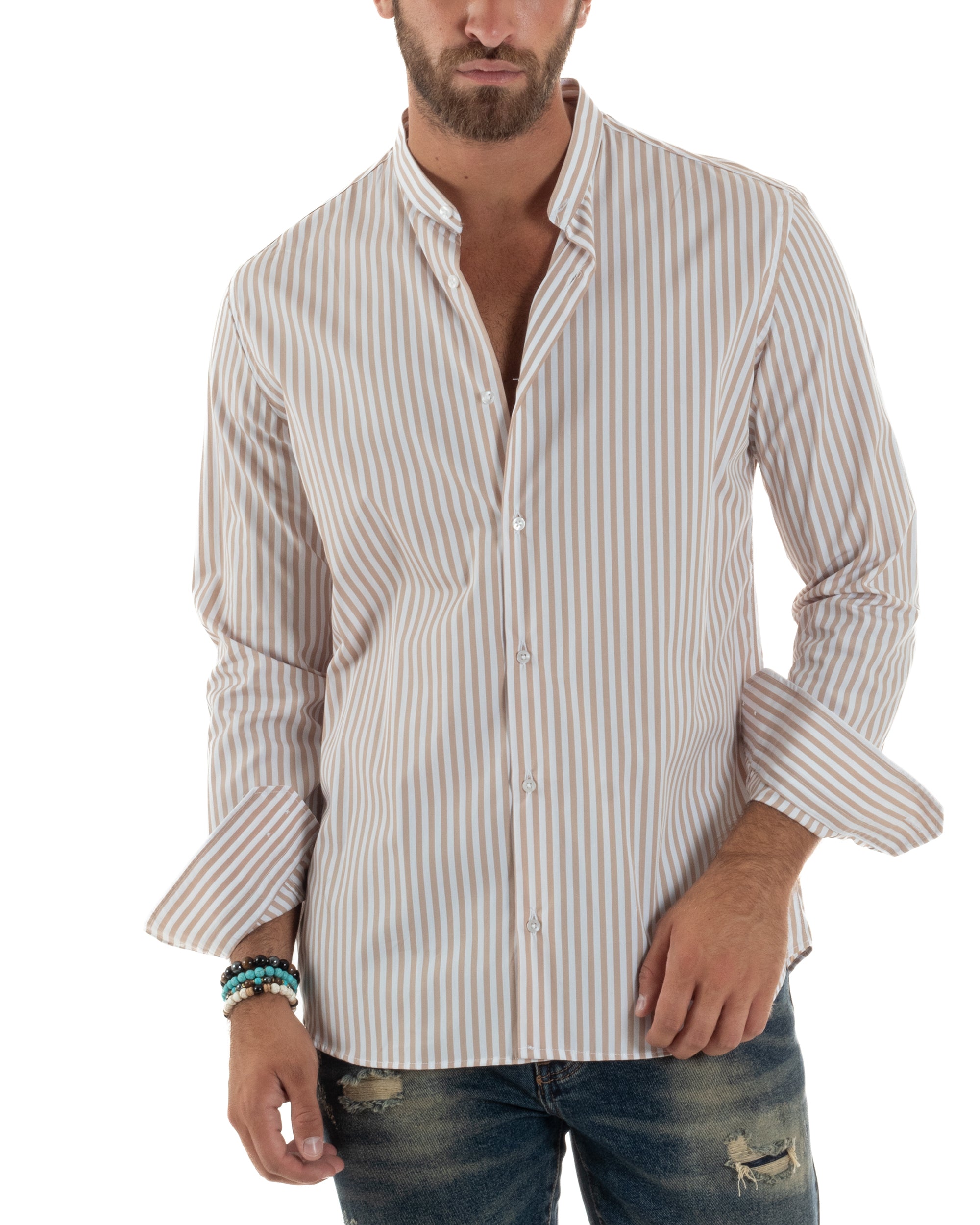 Camicia Cotone Collo Coreano Fantasia Righe C3015A