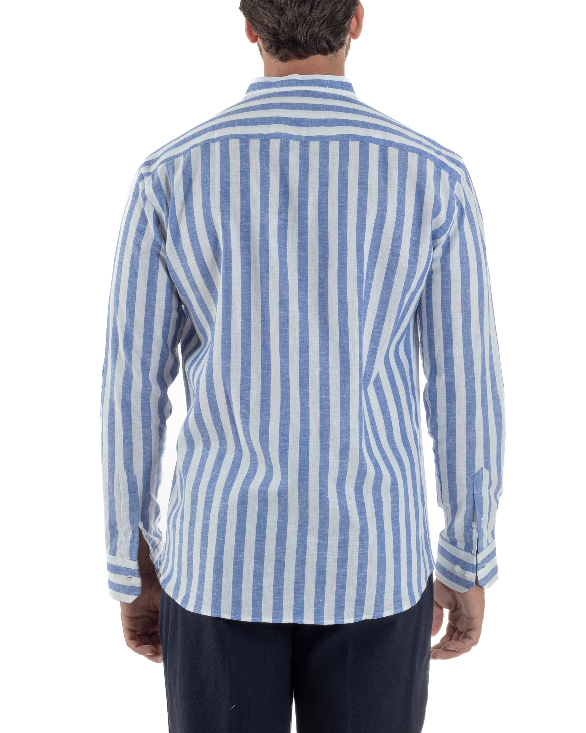 Camicia Uomo Lino Collo Coreano Riga Larga Blu C3017A