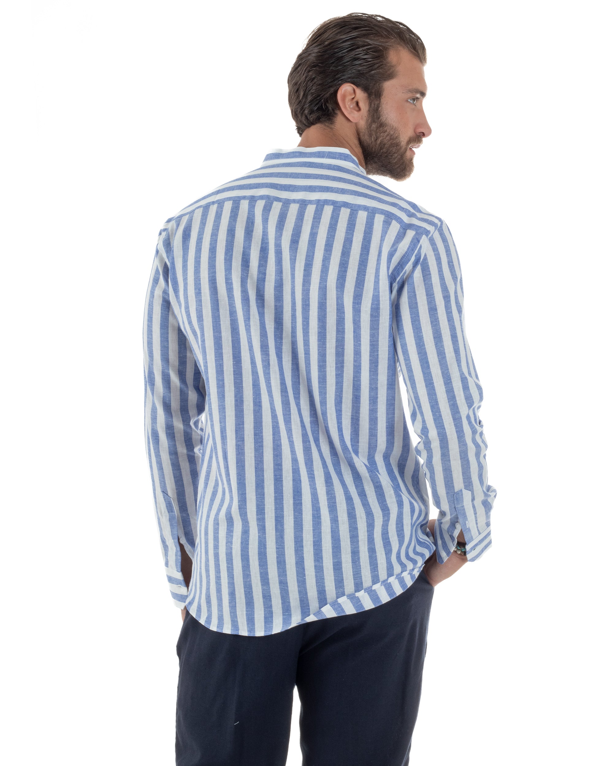 Camicia Uomo Lino Collo Coreano Riga Larga Blu C3017A