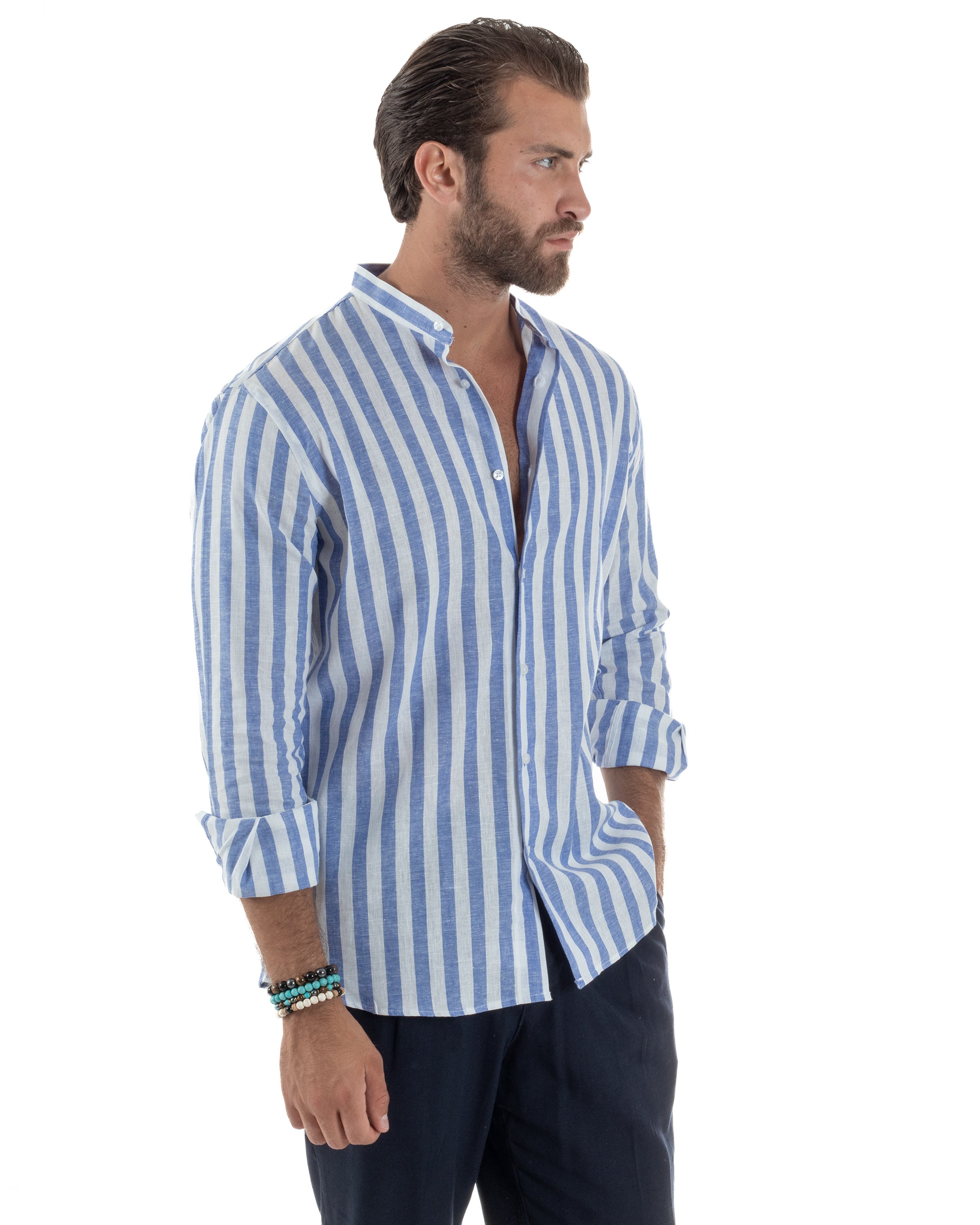 Camicia Uomo Lino Collo Coreano Riga Larga Blu C3017A