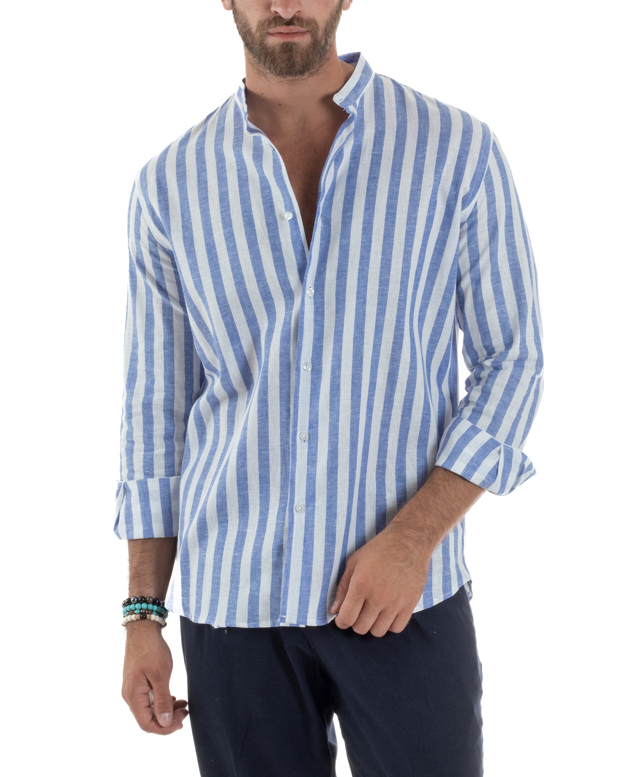 Camicia Uomo Lino Collo Coreano Riga Larga Blu C3017A