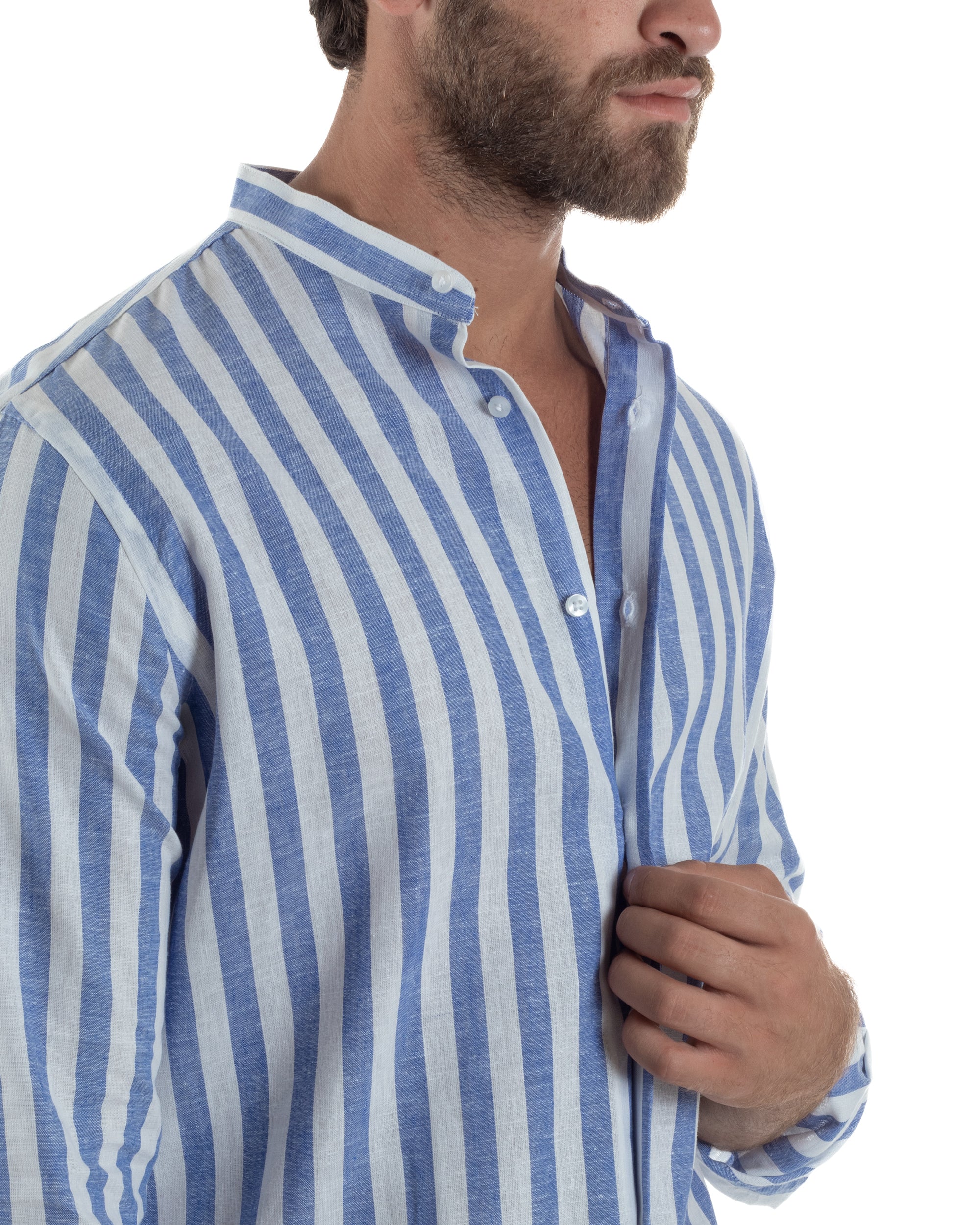 Camicia Uomo Lino Collo Coreano Riga Larga Blu C3017A