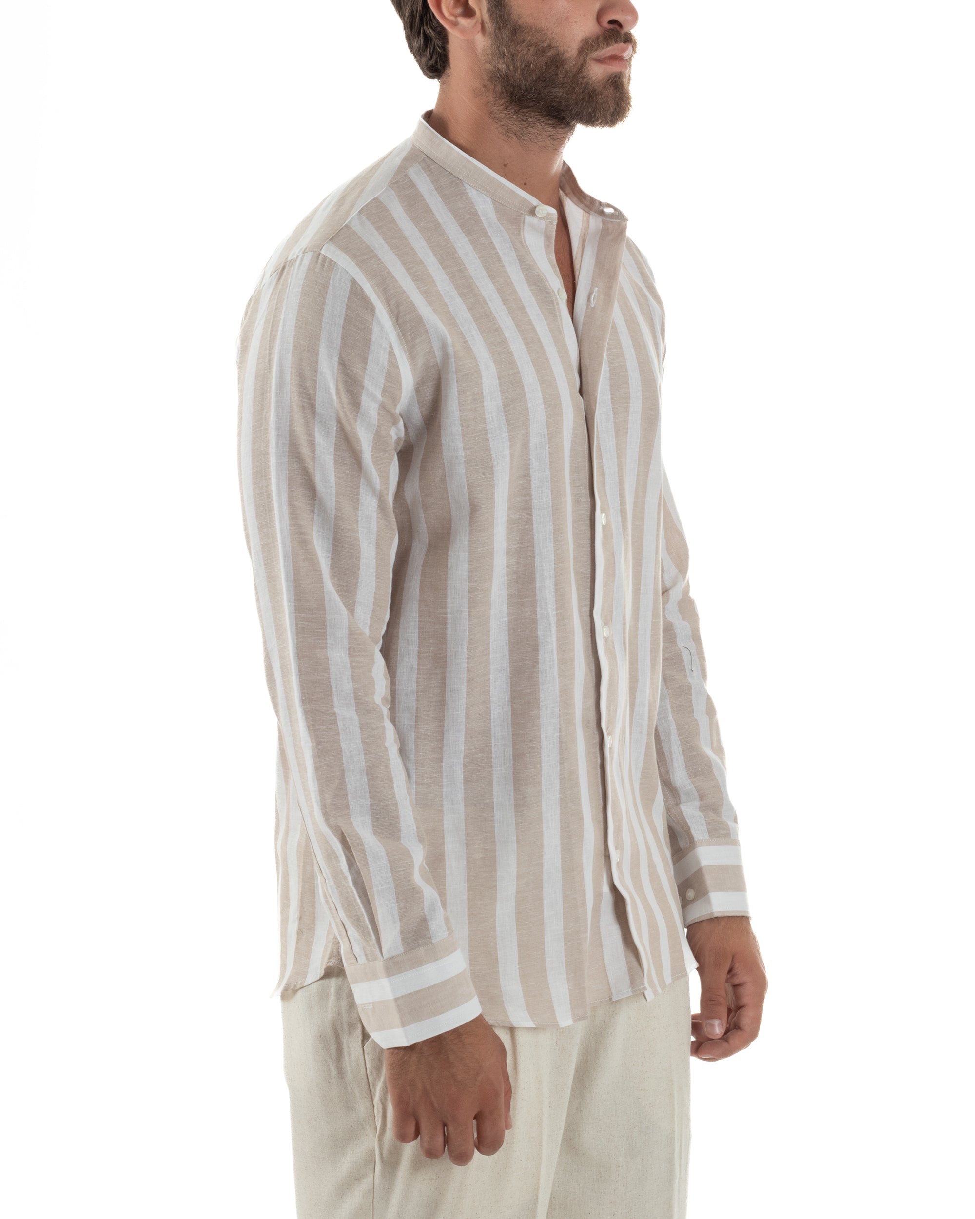 Camicia Uomo Lino Collo Coreano Riga Larga Beige C3018A