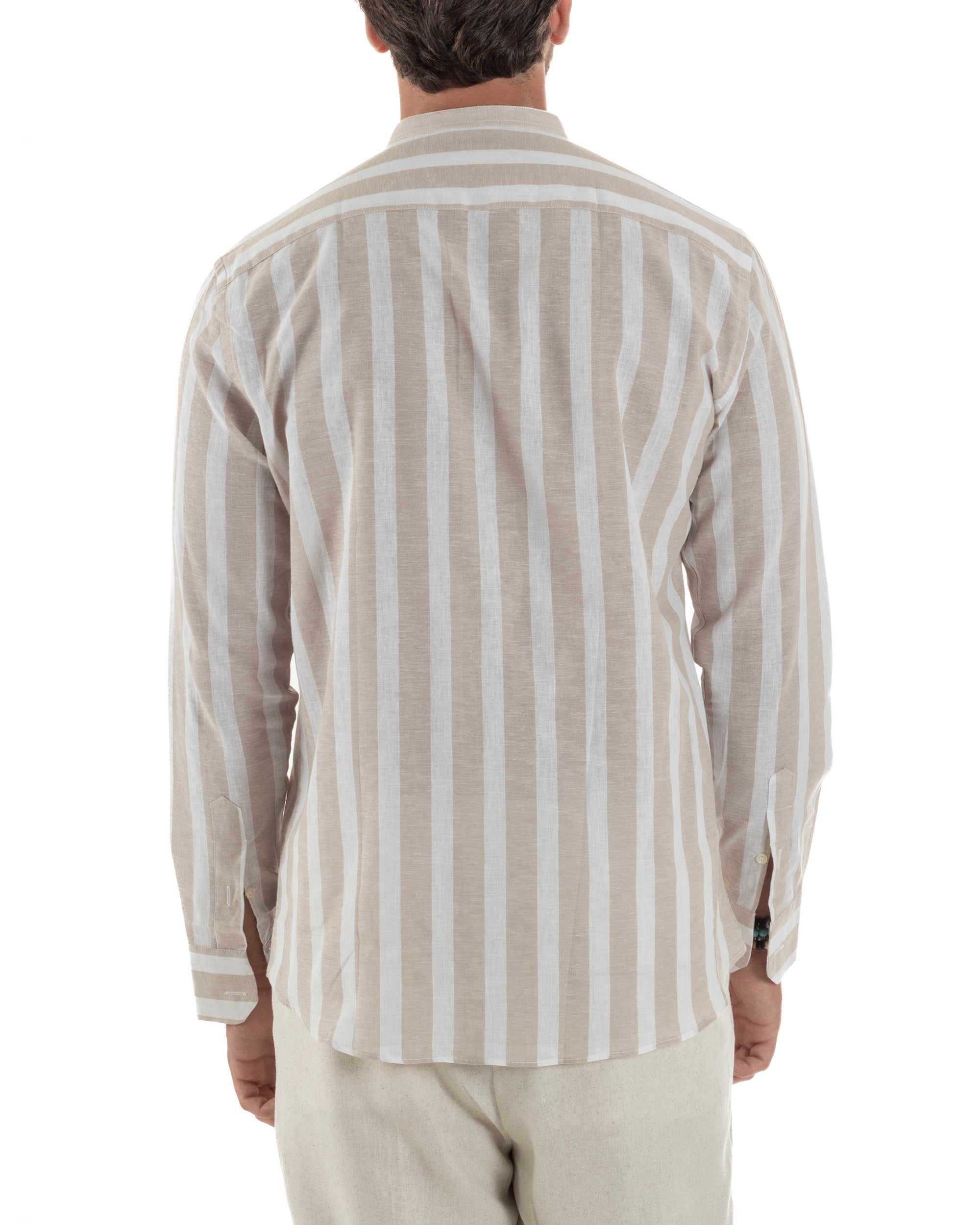 Camicia Uomo Lino Collo Coreano Riga Larga Beige C3018A