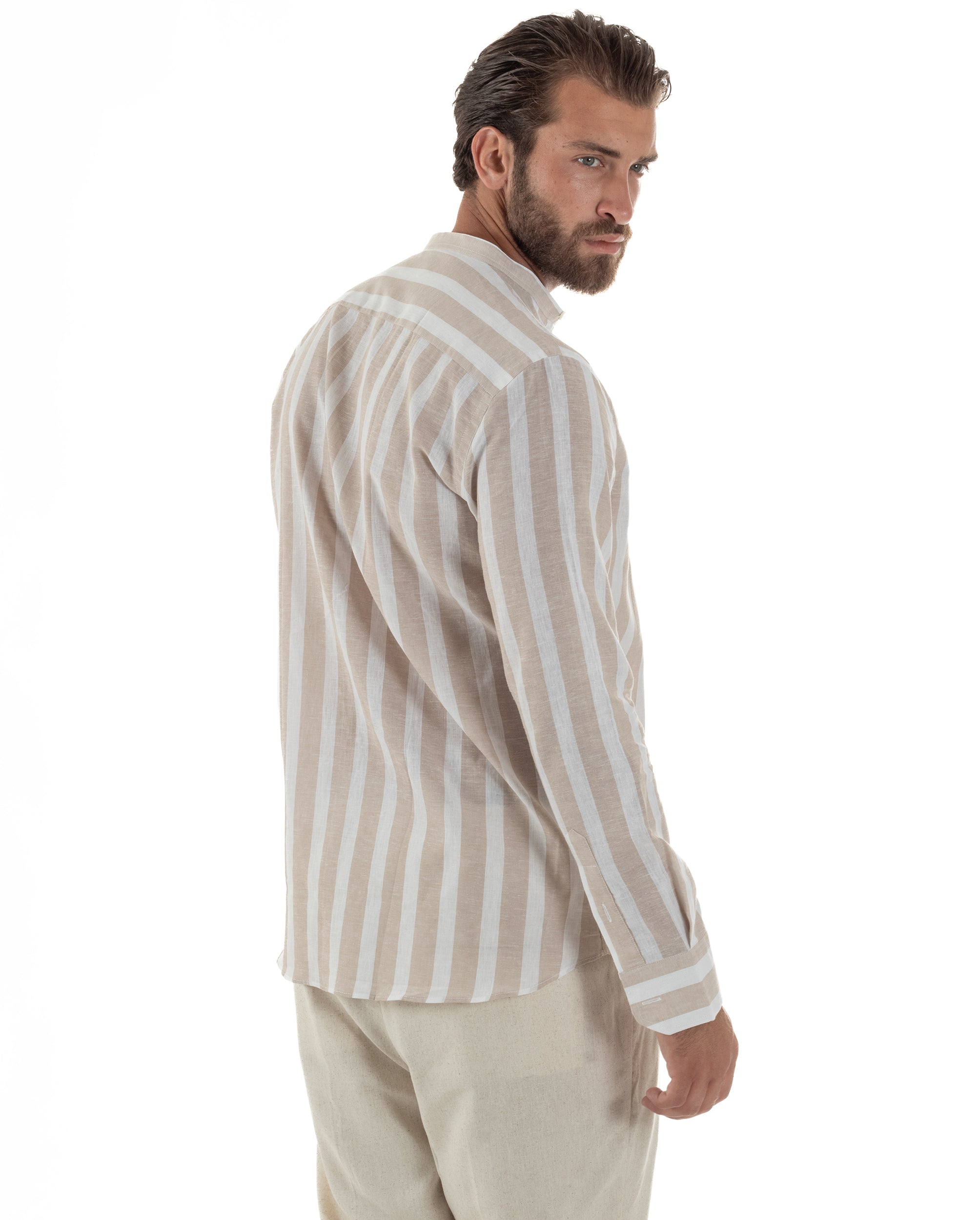 Camicia Uomo Lino Collo Coreano Riga Larga Beige C3018A