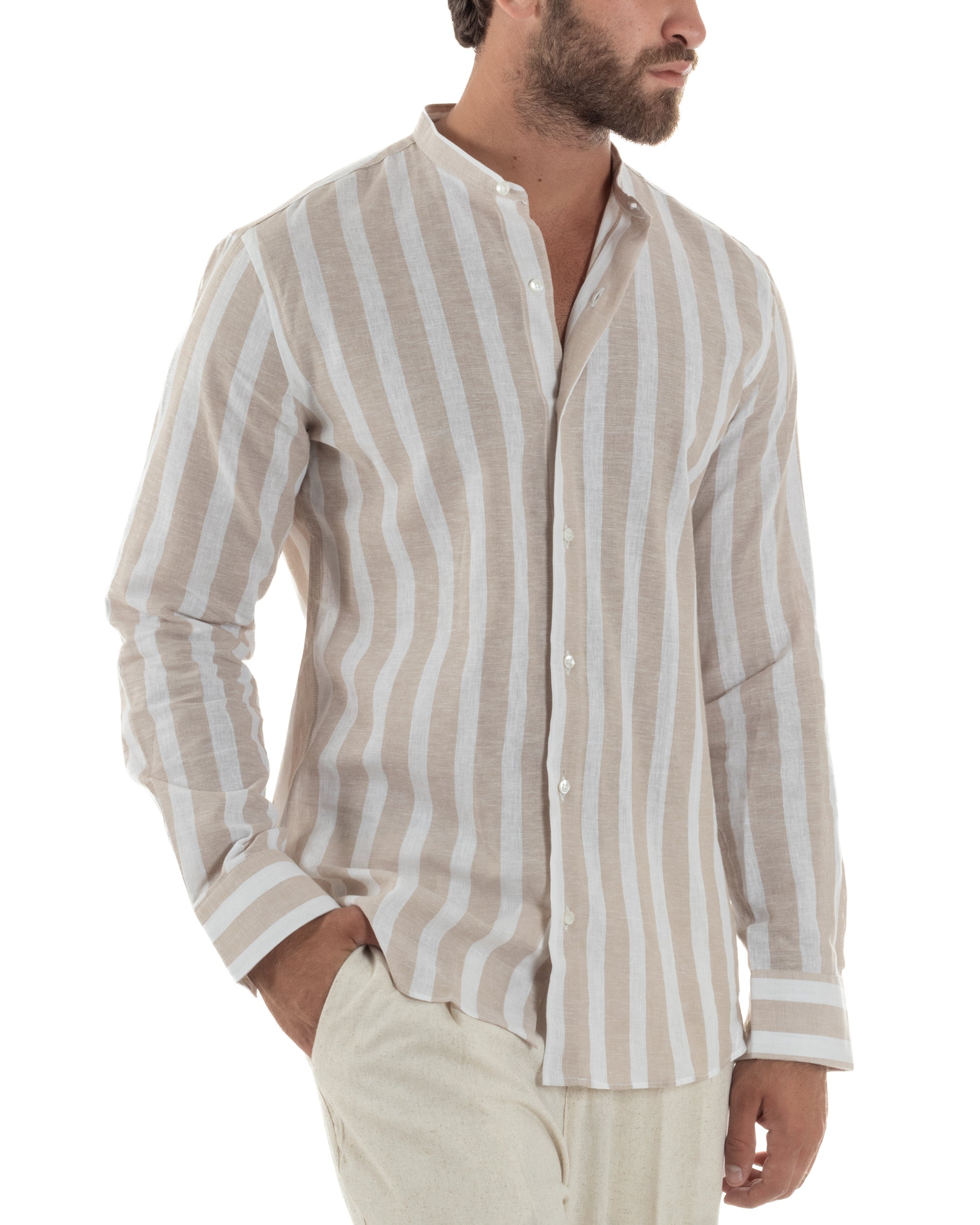 Camicia Lino Collo Coreano Riga Larga C3018A