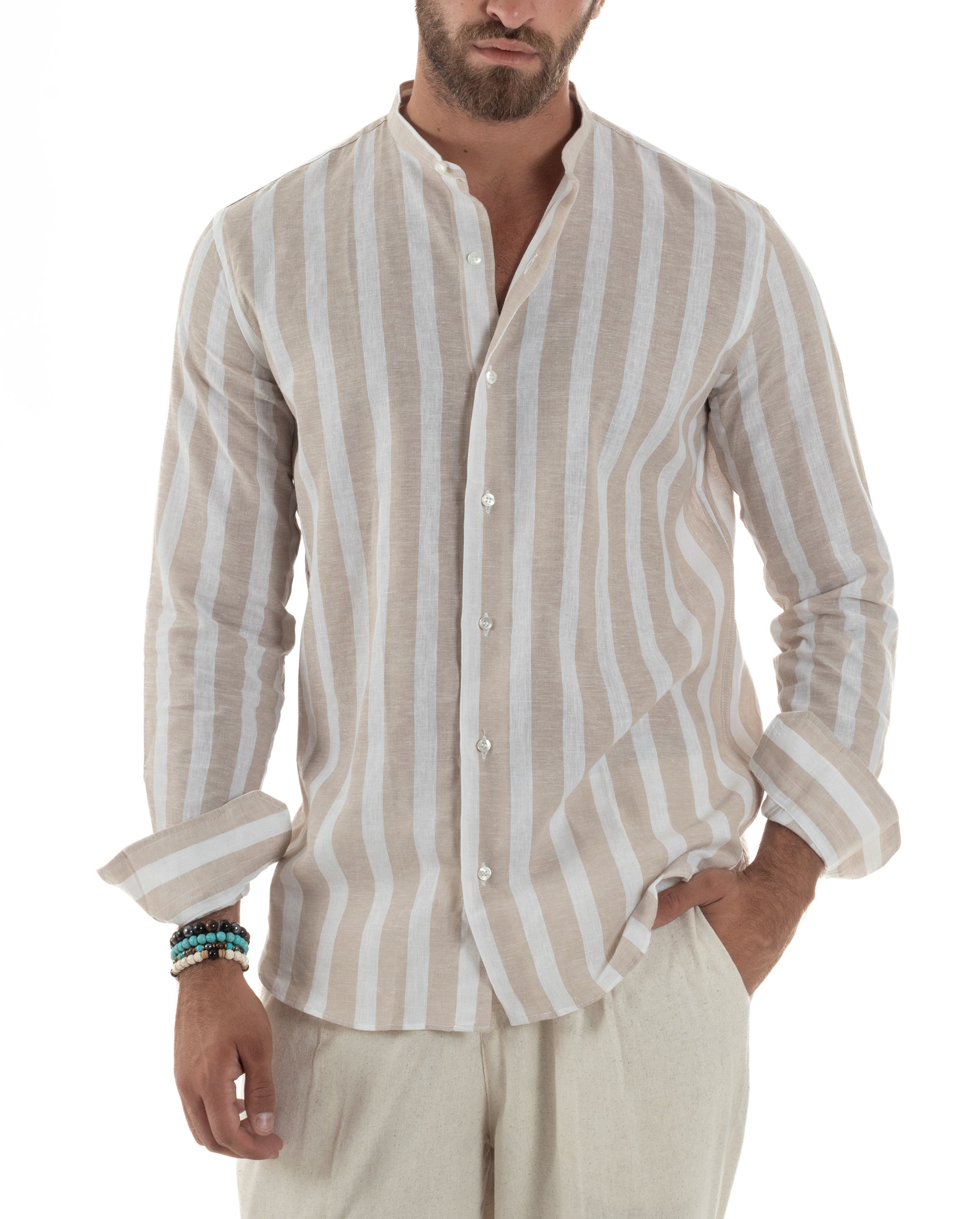 Camicia Lino Collo Coreano Riga Larga C3018A