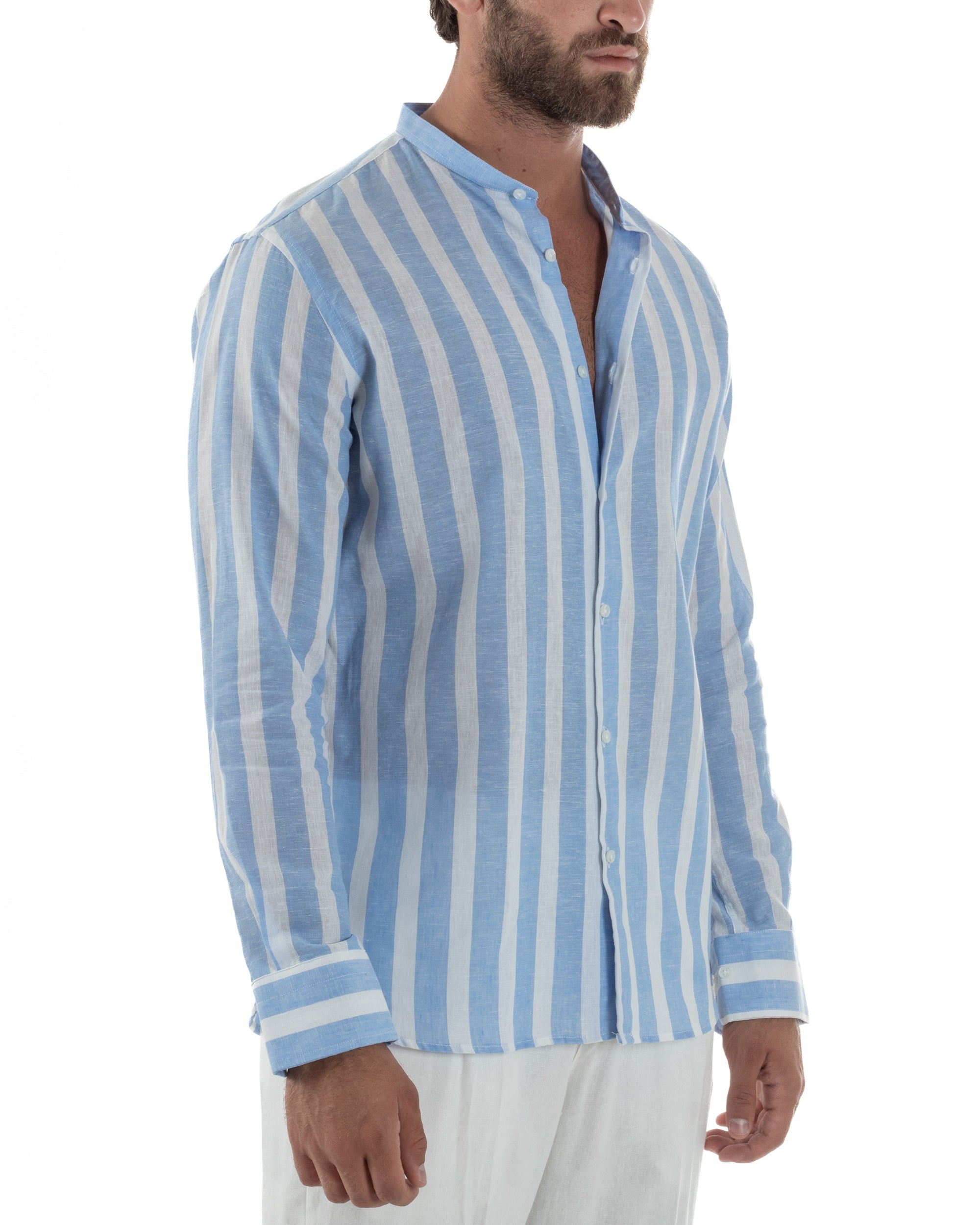 Camicia Uomo Lino Collo Coreano Riga Larga Celeste C3019A