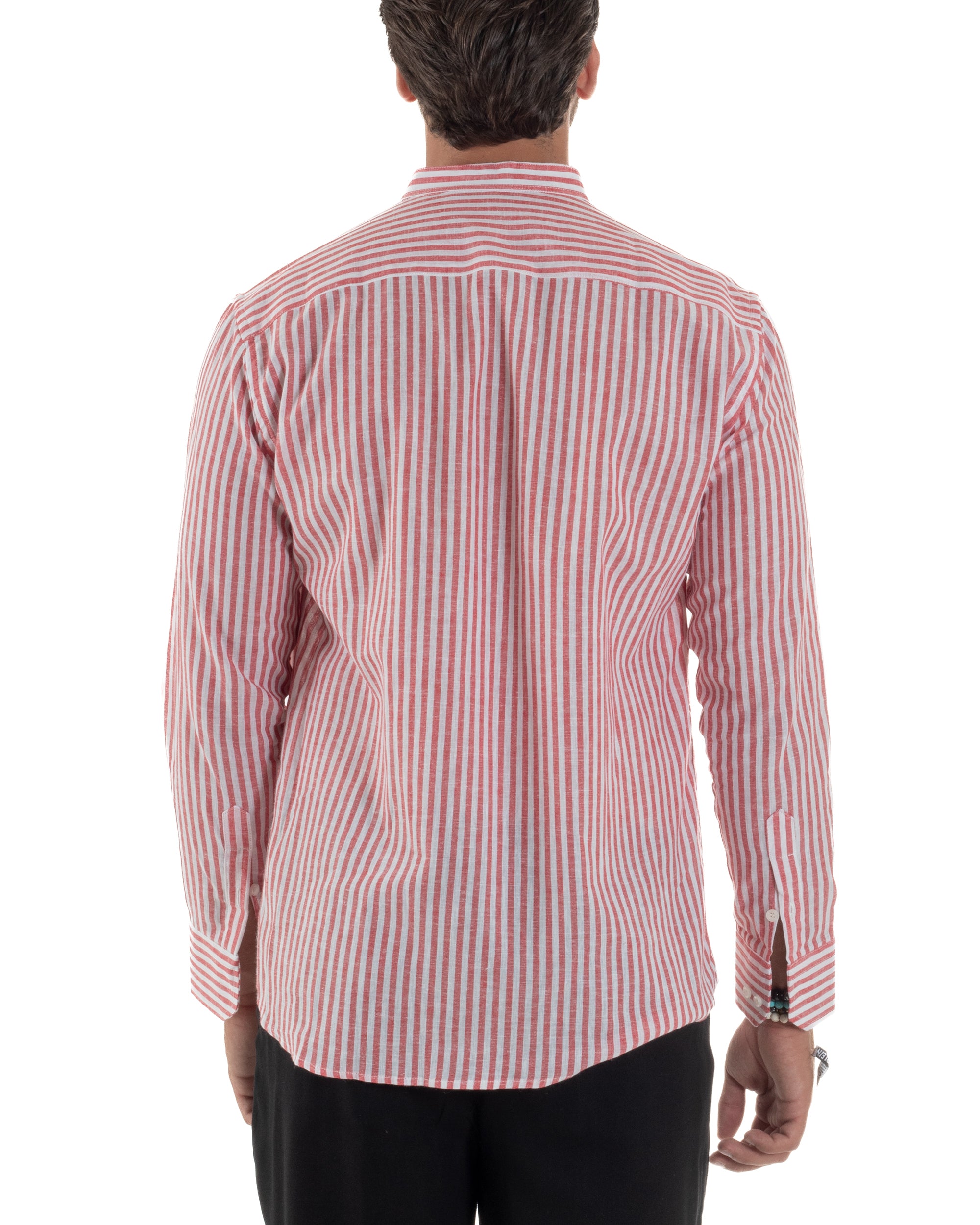 Camicia Uomo Lino Riga Sottile Collo Coreano Rosso C3020A