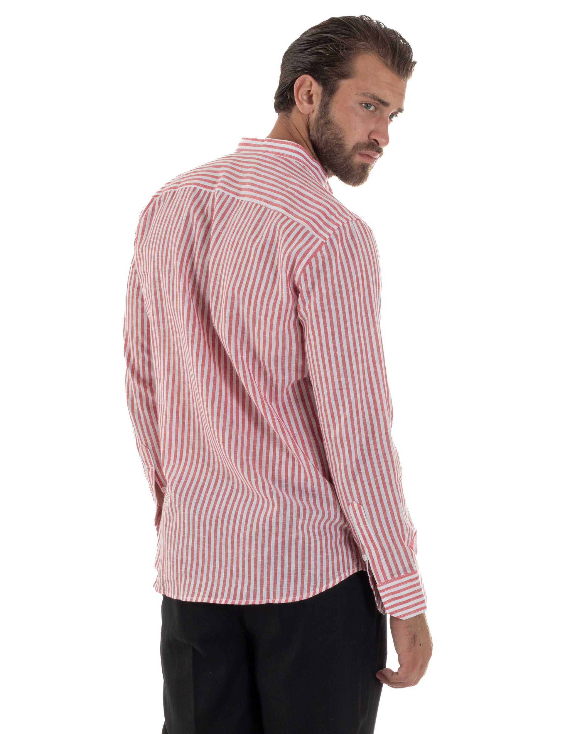 Camicia Uomo Lino Riga Sottile Collo Coreano Rosso C3020A