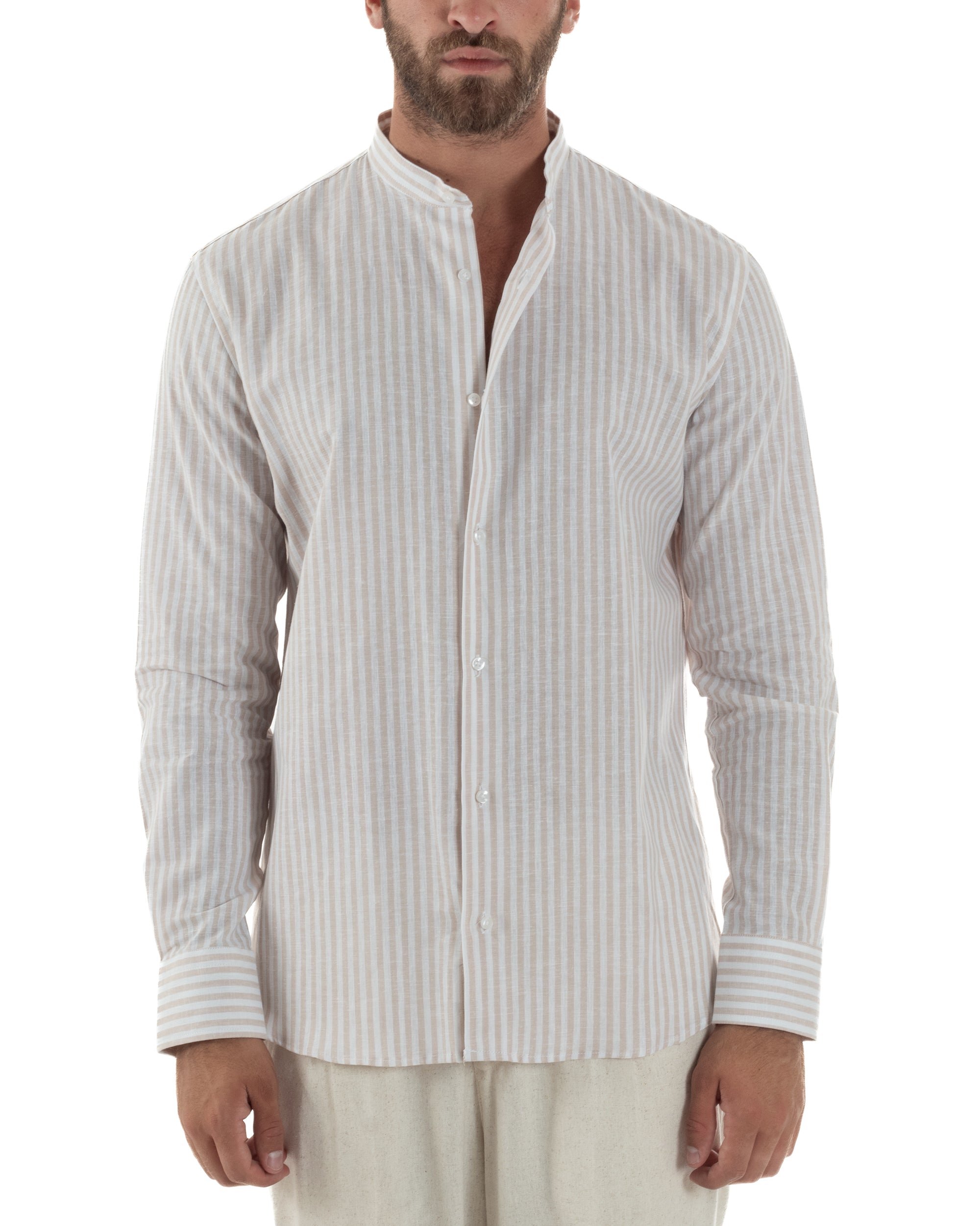 Camicia Uomo Lino Riga Sottile Collo Coreano Beige C3022A