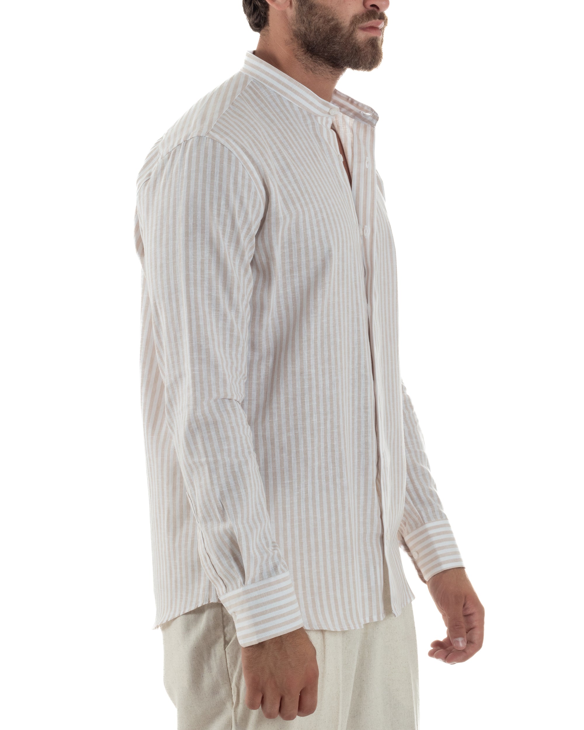 Camicia Uomo Lino Riga Sottile Collo Coreano Beige C3022A