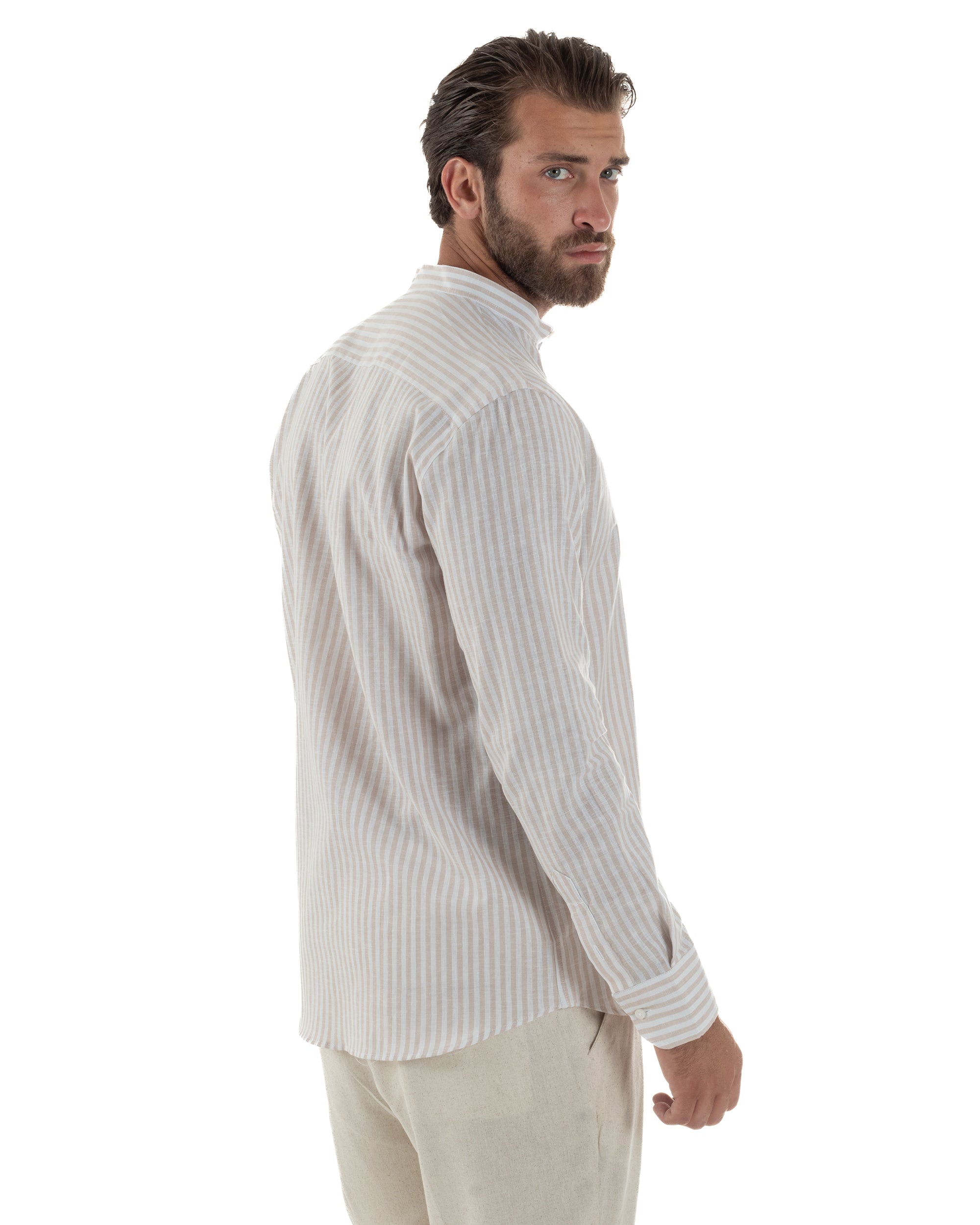 Camicia Uomo Lino Riga Sottile Collo Coreano Beige C3022A