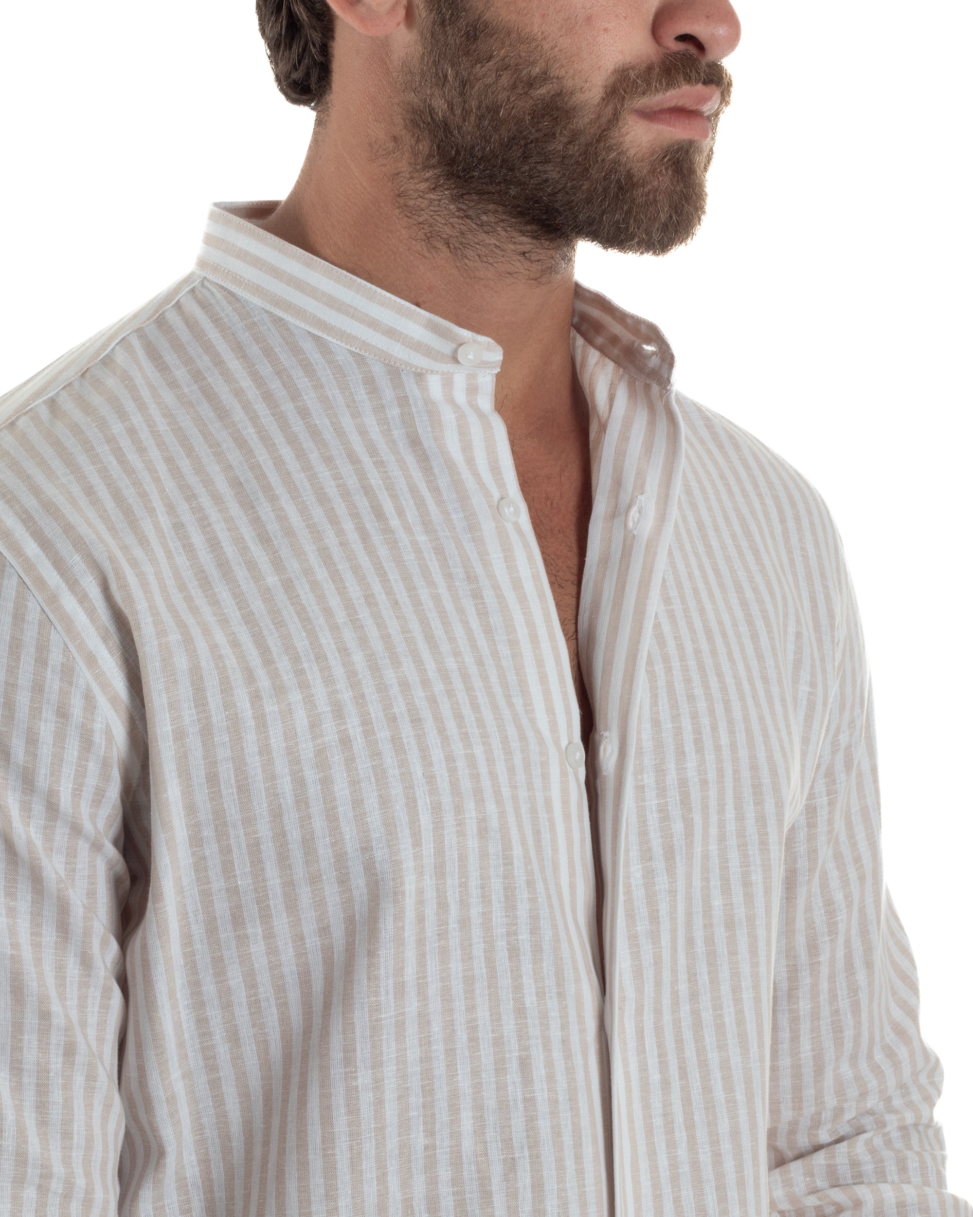 Camicia Uomo Lino Riga Sottile Collo Coreano Beige C3022A