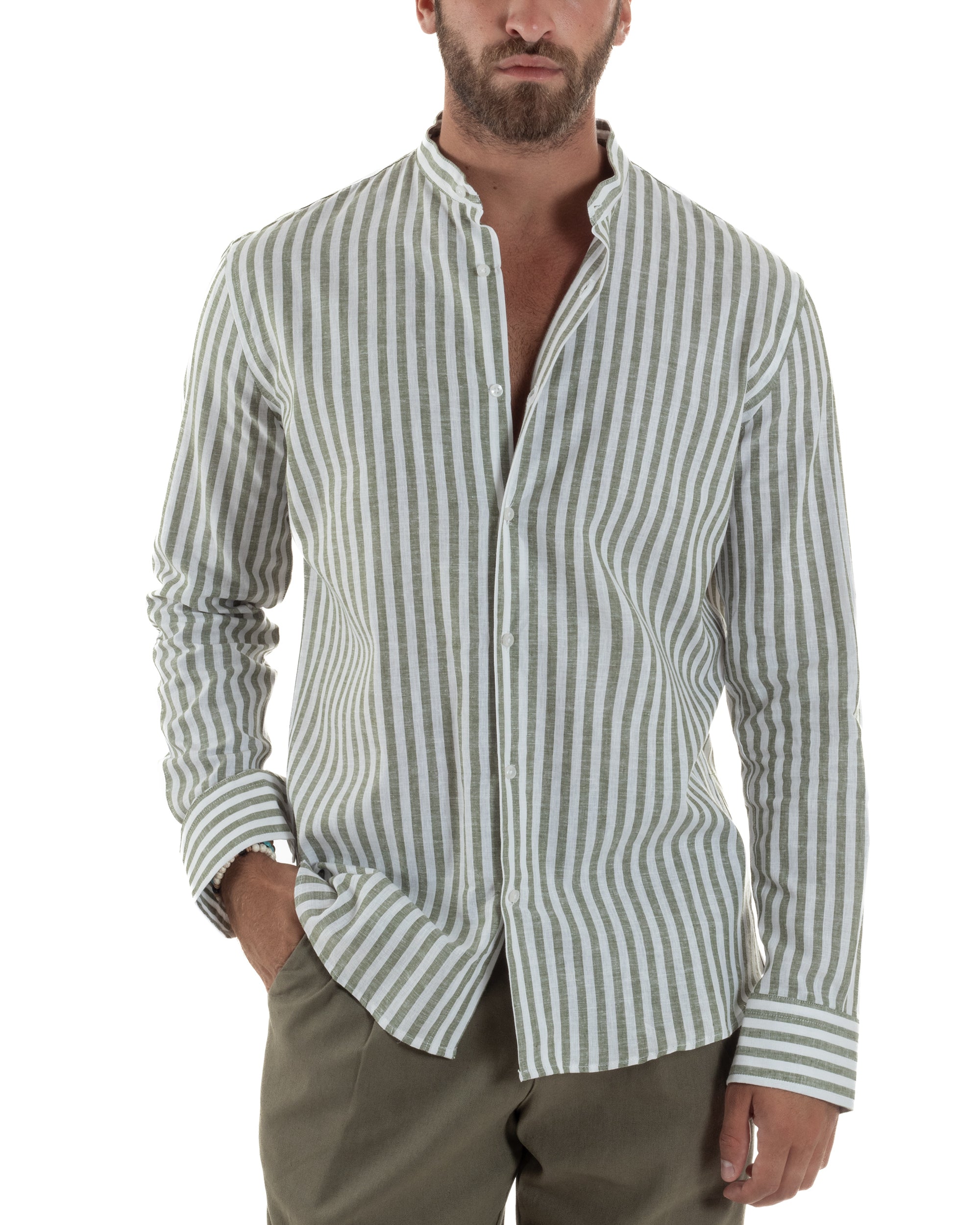 Camicia Uomo Lino Maniche Lunghe Casual Rigata Sottile Collo