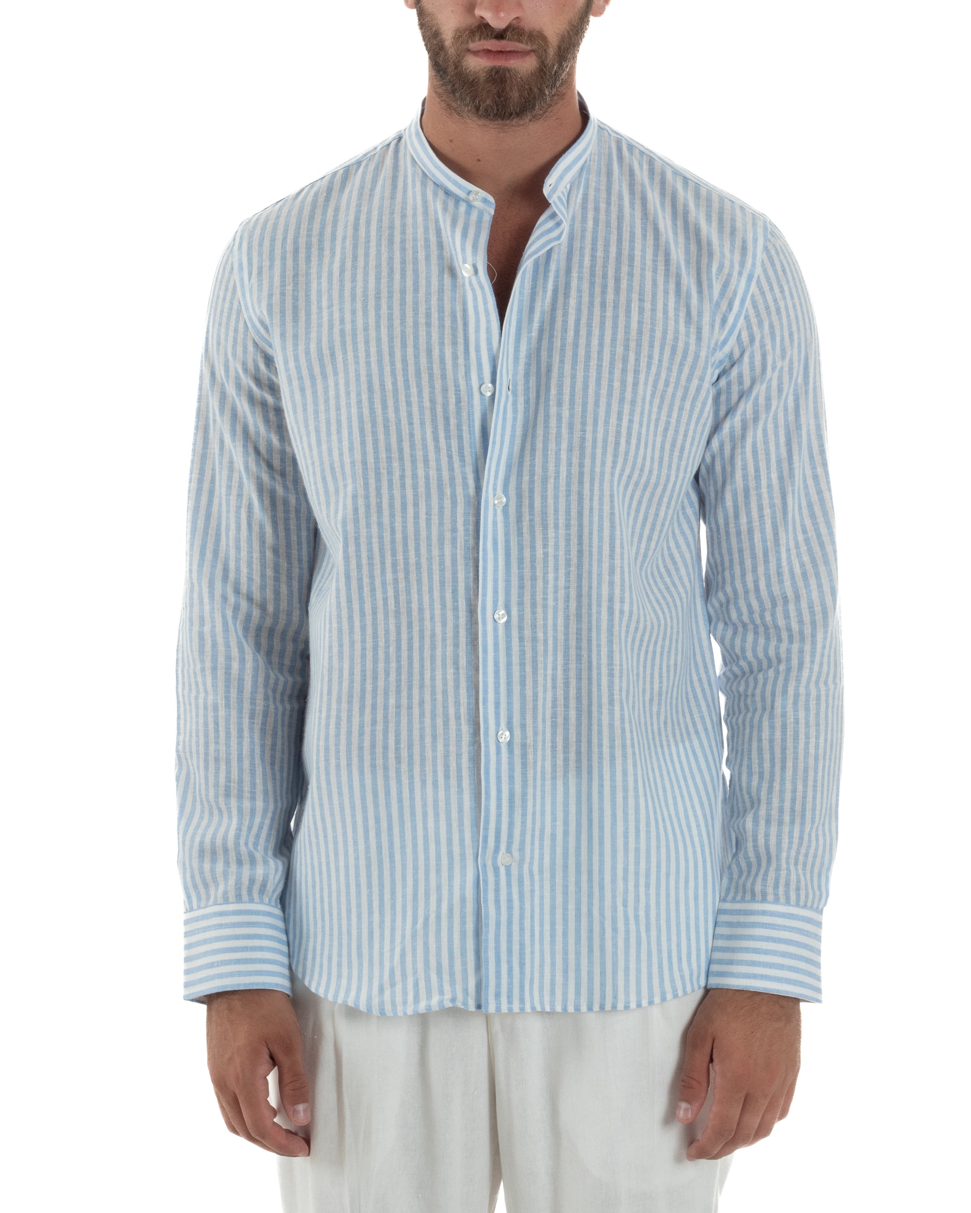 Camicia Uomo Lino Riga Sottile Collo Coreano Celeste C3024A