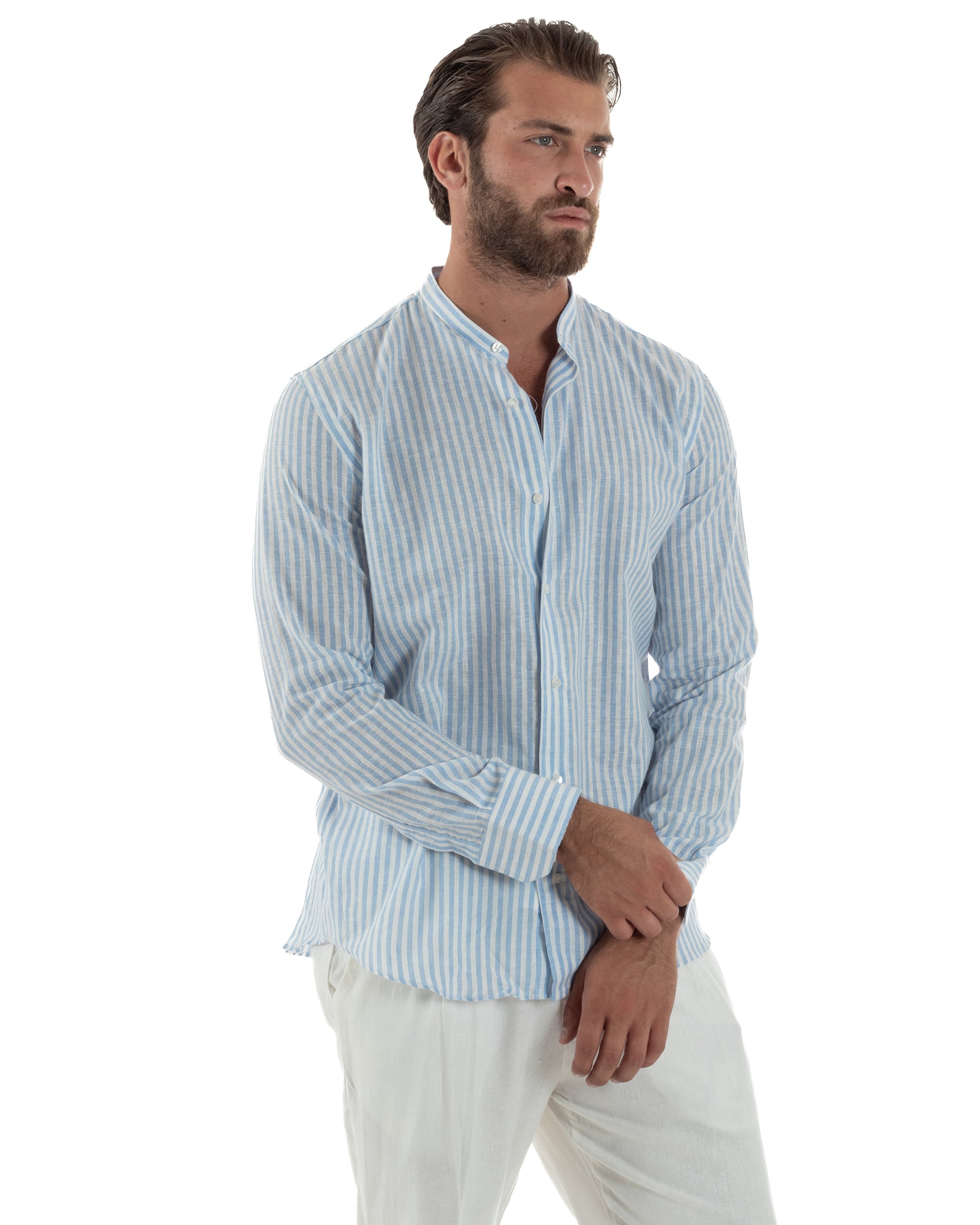 Camicia Uomo Lino Riga Sottile Collo Coreano Celeste C3024A