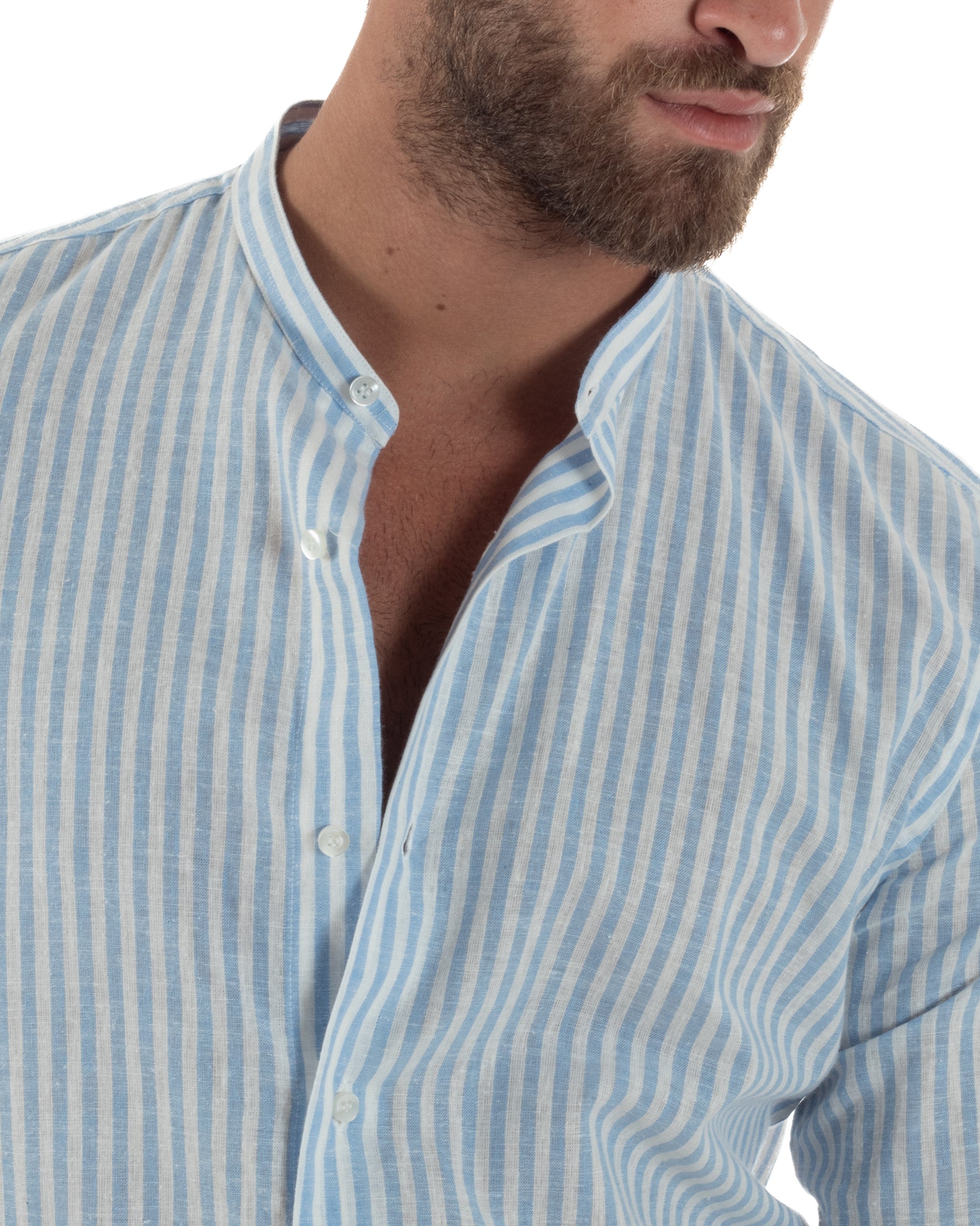 Camicia Uomo Lino Riga Sottile Collo Coreano Celeste C3024A