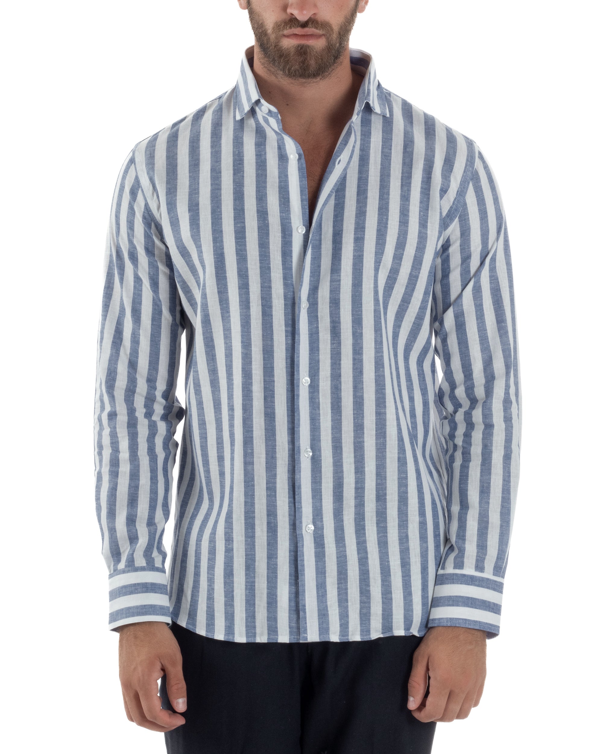 Herren-Leinenhemd mit französischem Kragen und blauen Streifen C3025A