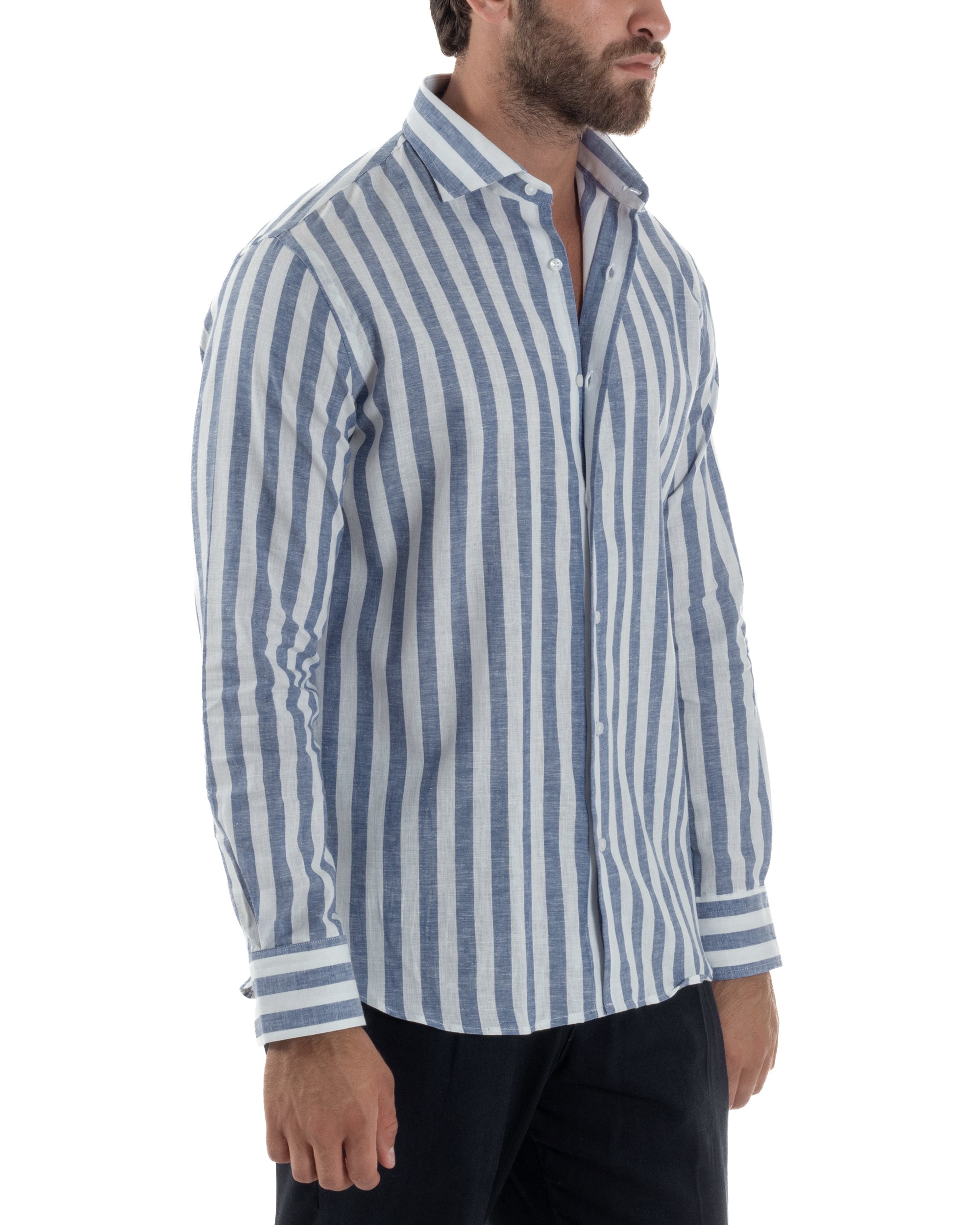 Herren-Leinenhemd mit französischem Kragen und blauen Streifen C3025A