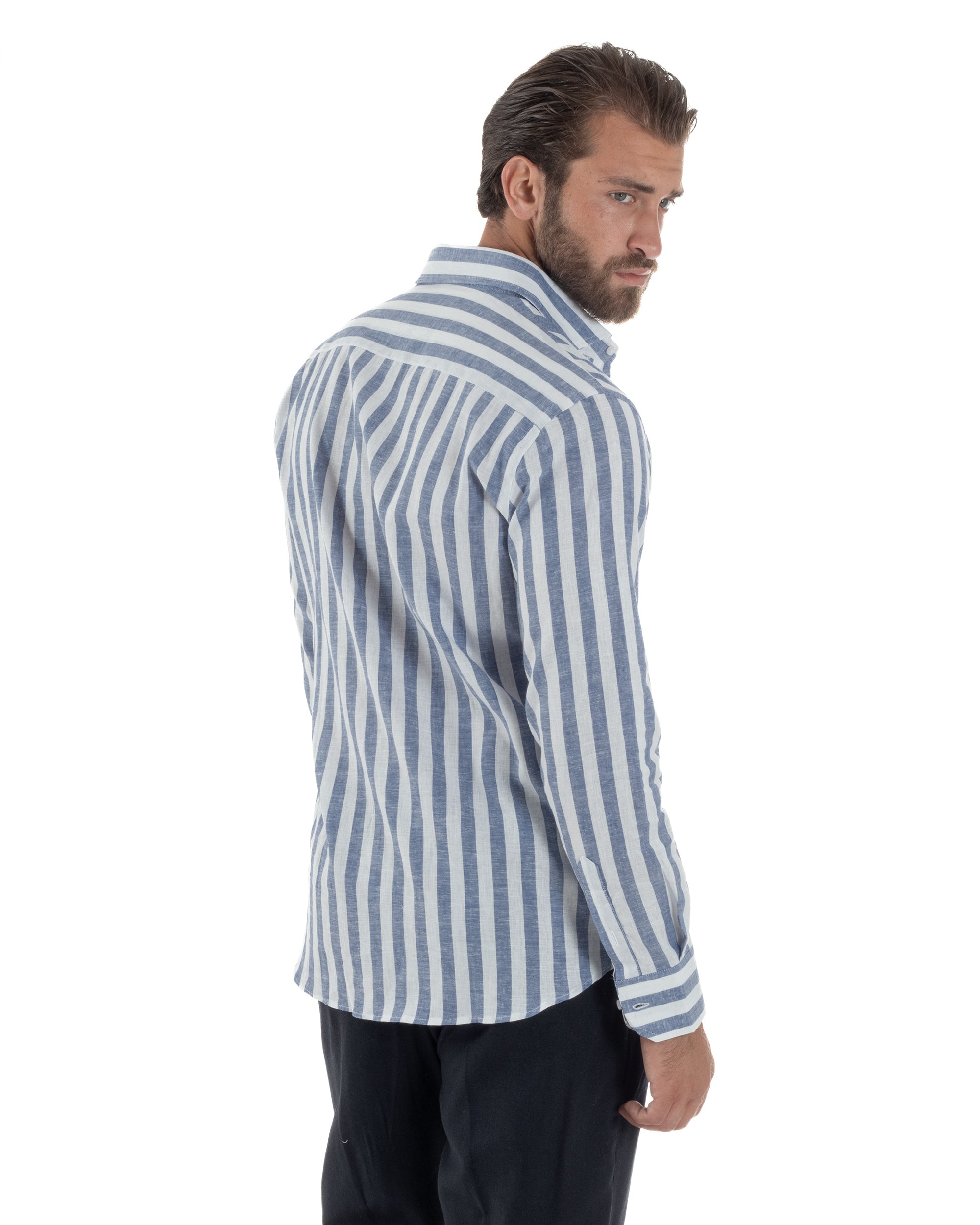 Herren-Leinenhemd mit französischem Kragen und blauen Streifen C3025A