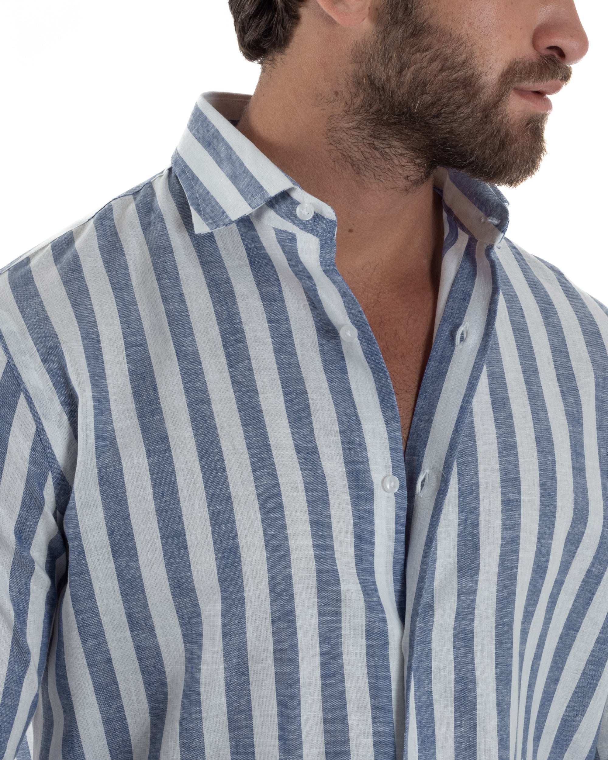 Herren-Leinenhemd mit französischem Kragen und blauen Streifen C3025A