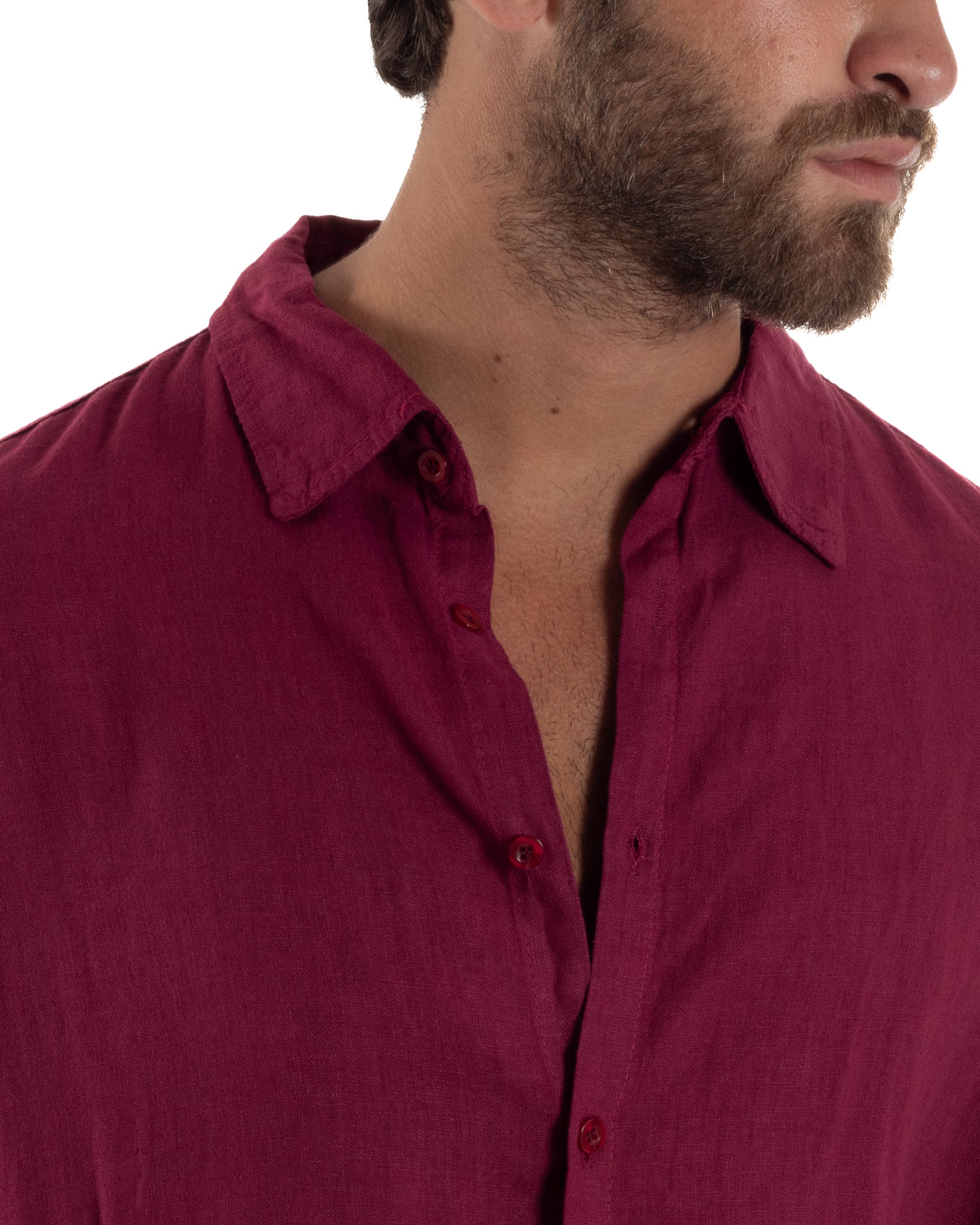 Camicia Collo Francese Lino Slim Fit Basic Bordeaux C3027A