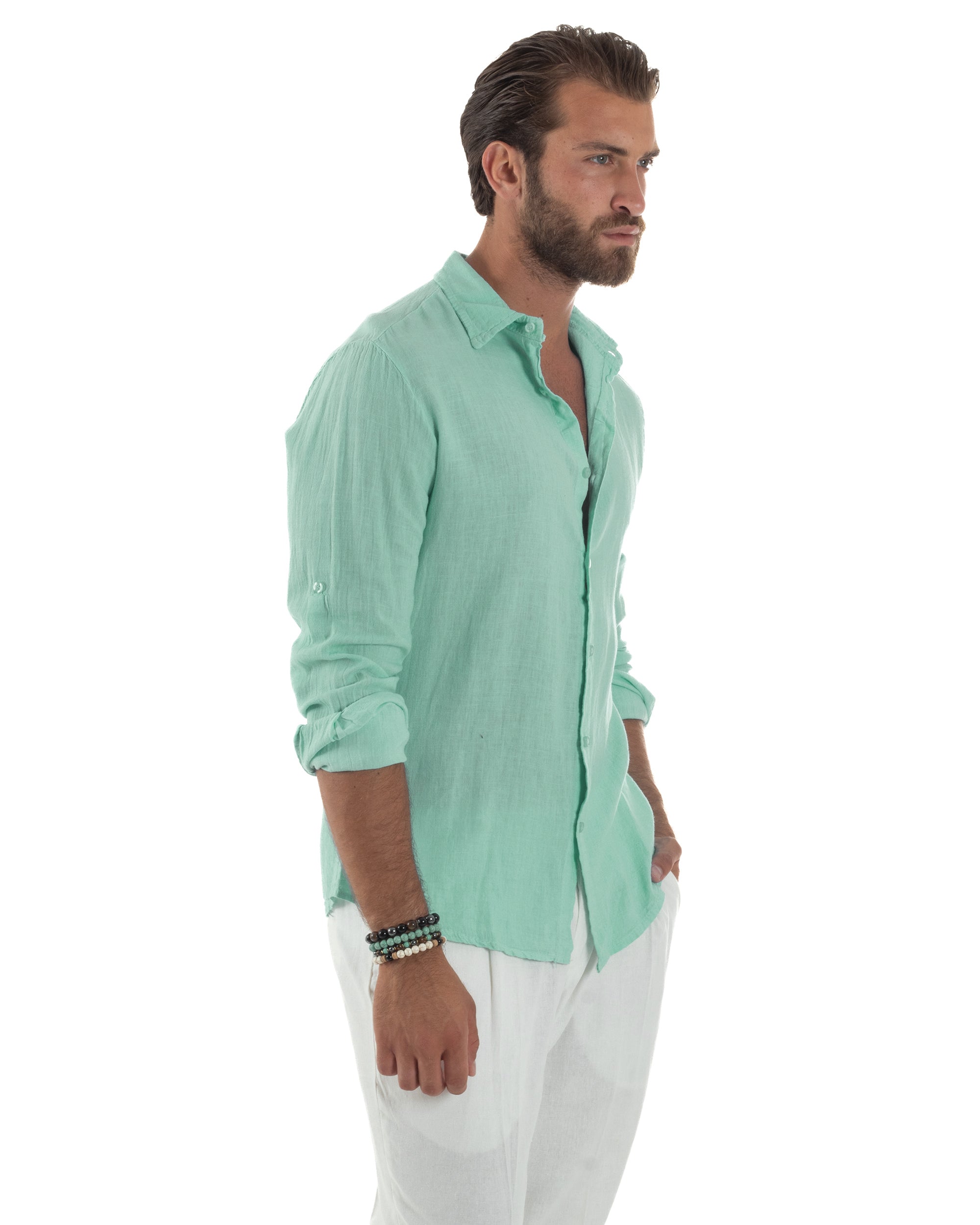 Camicia Collo Francese Lino Slim Fit Basic Verde Acqua C3037A