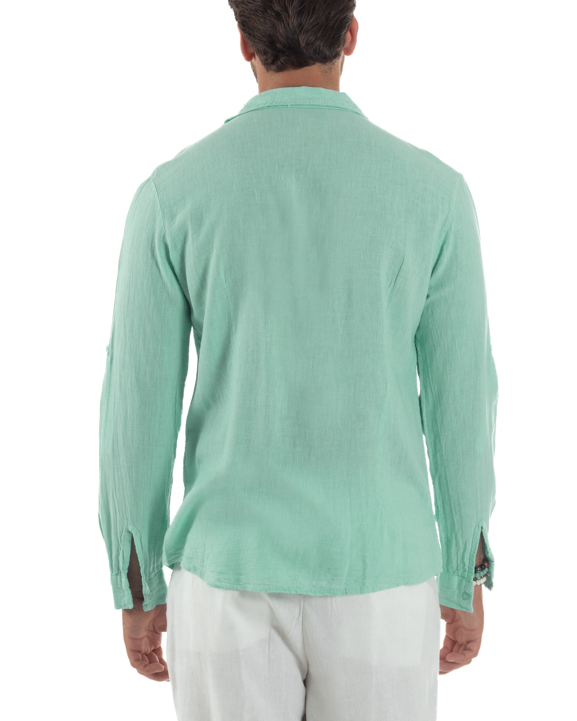 Camicia Collo Francese Lino Slim Fit Basic Verde Acqua C3037A