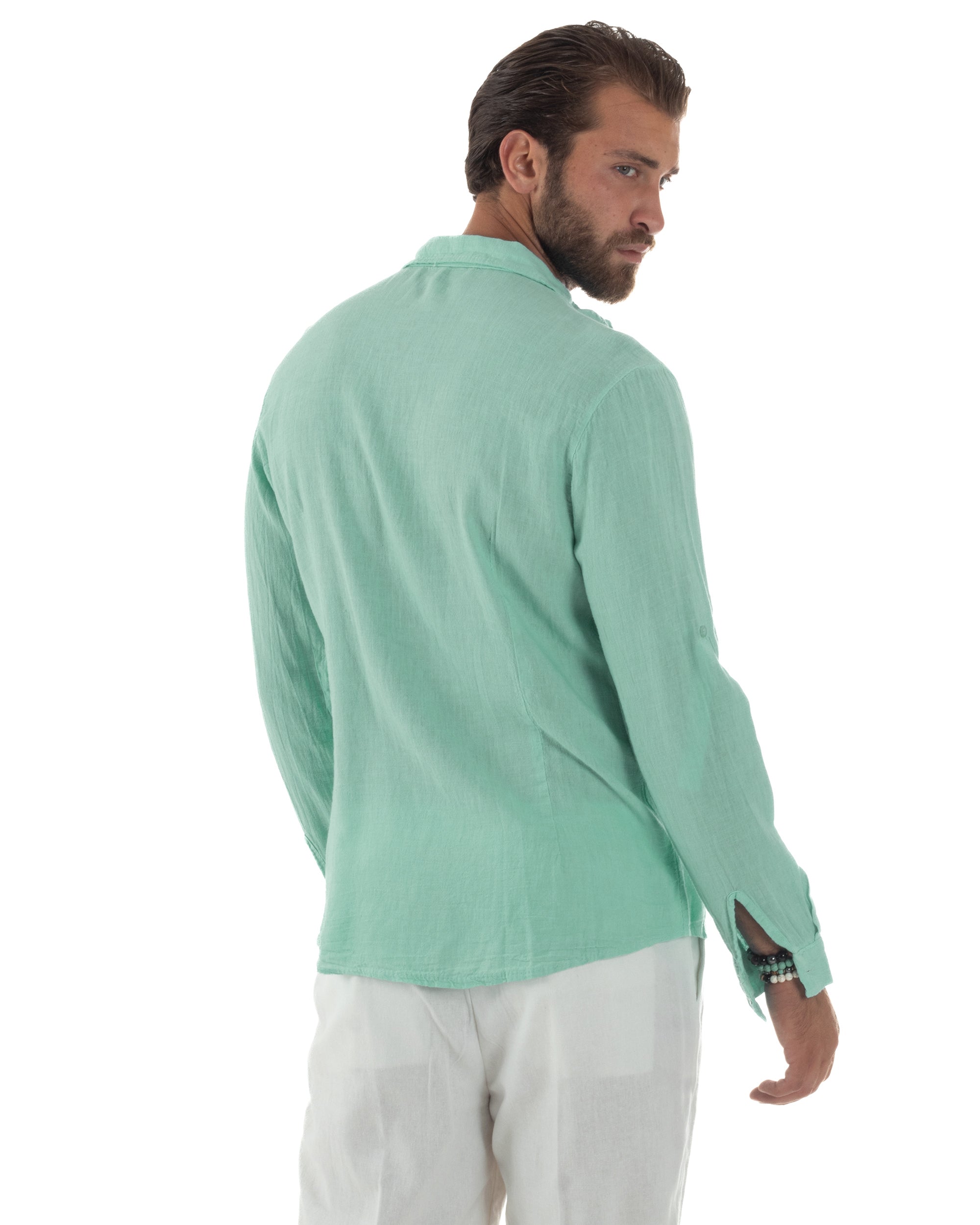 Camicia Collo Francese Lino Slim Fit Basic Verde Acqua C3037A