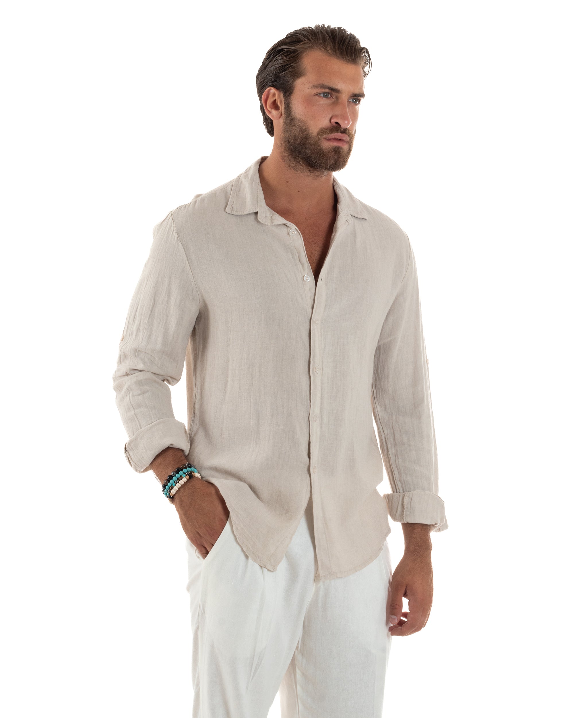 Camicia Collo Francese Lino Slim Fit Basic C3038A