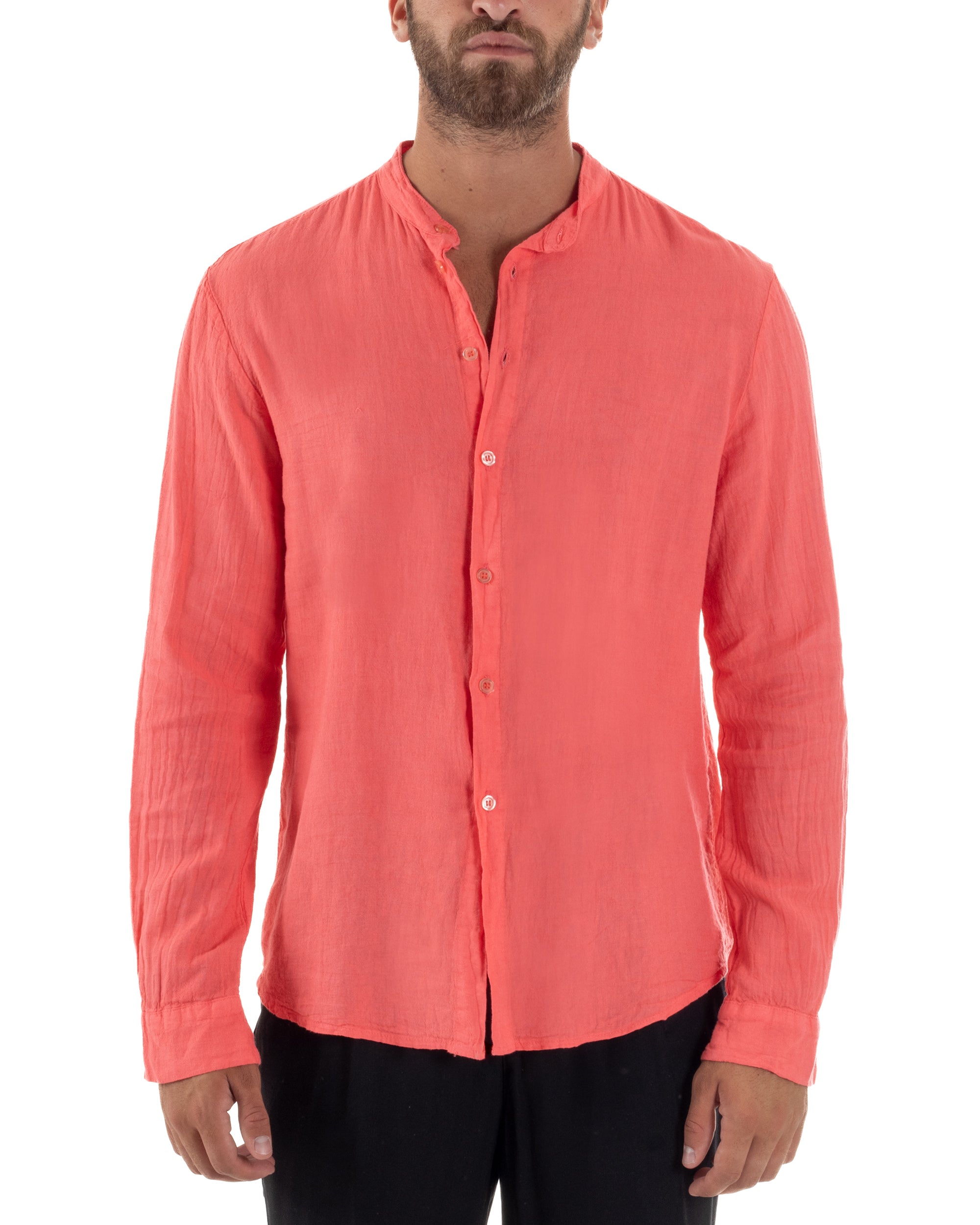 Camicia Lino Slim Fit Collo Coreano Corallo C3043A