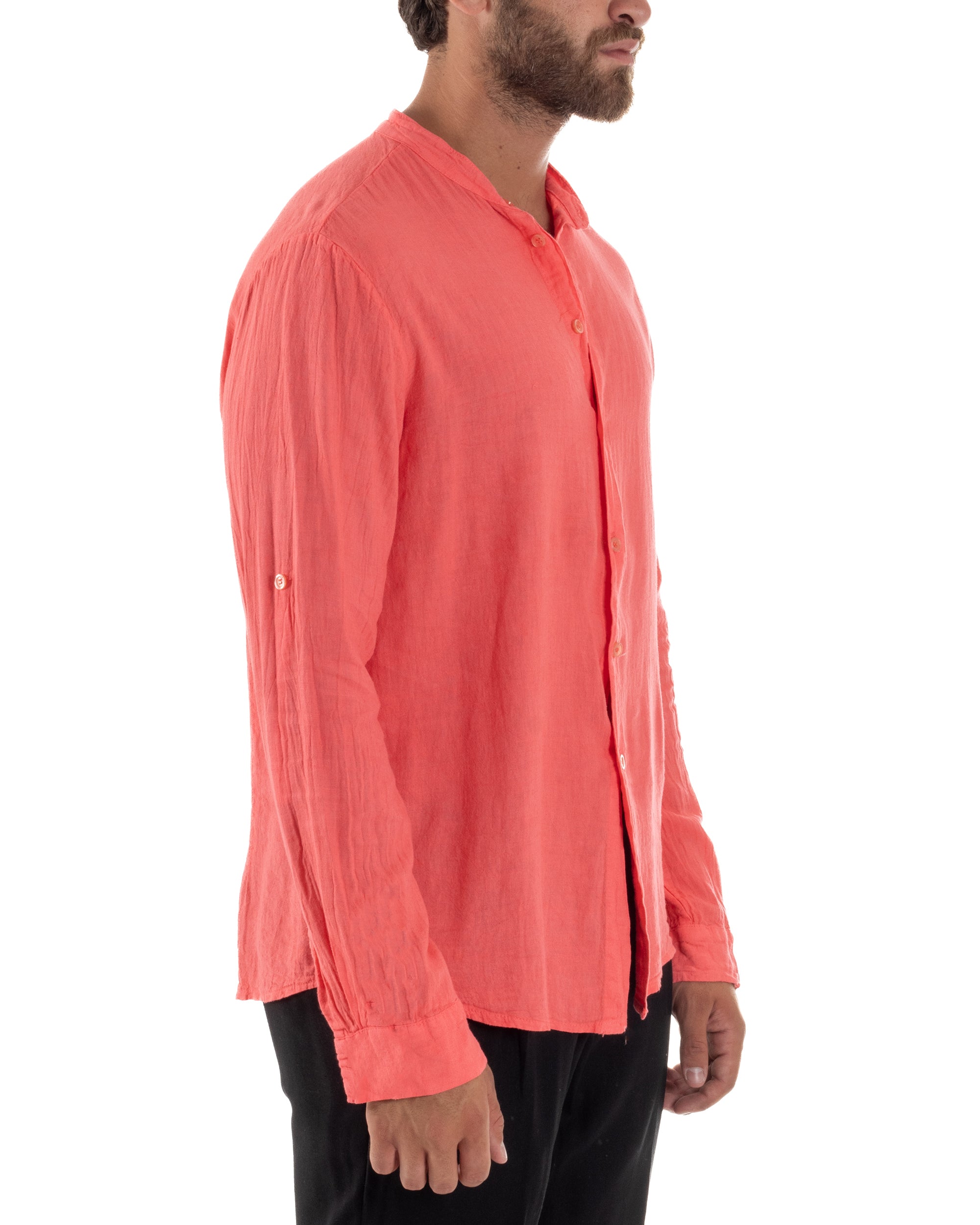 Camicia Lino Slim Fit Collo Coreano Corallo C3043A