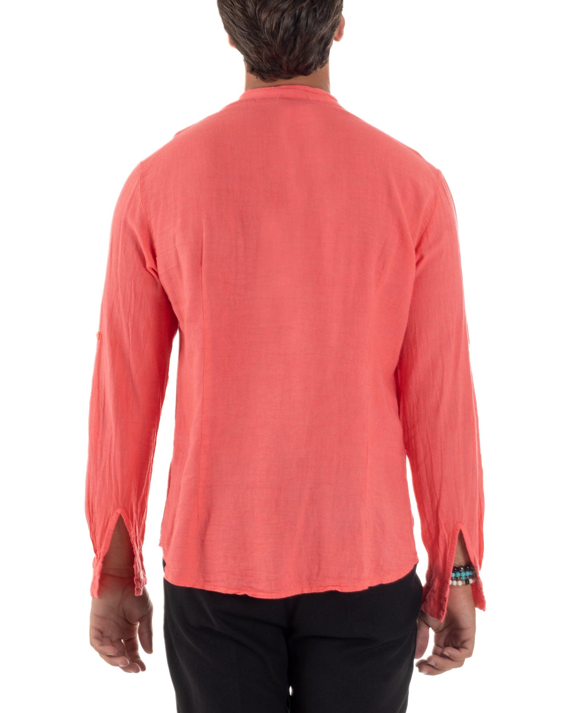 Camicia Lino Slim Fit Collo Coreano Corallo C3043A