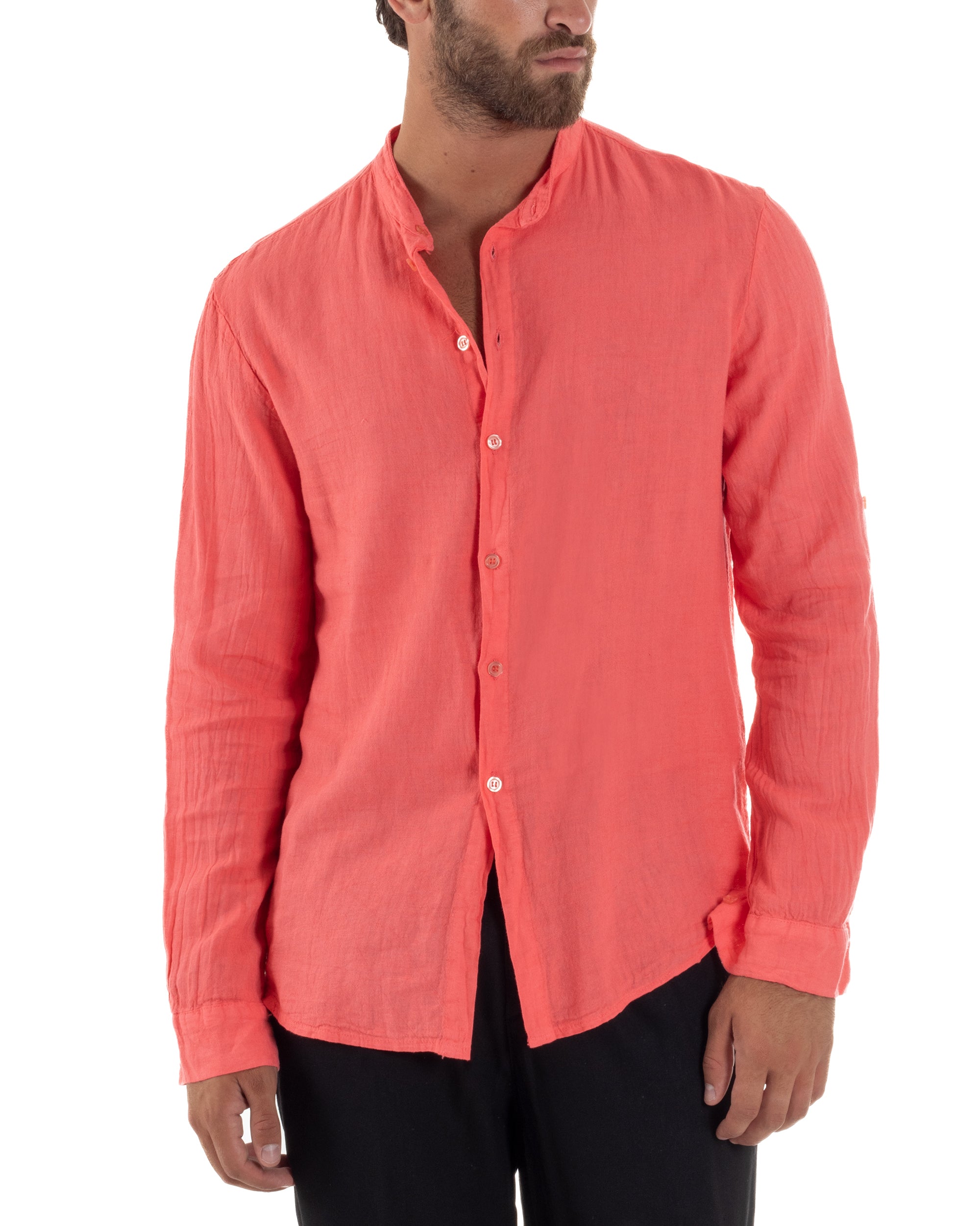 Camicia Lino Slim Fit Collo Coreano Corallo C3043A