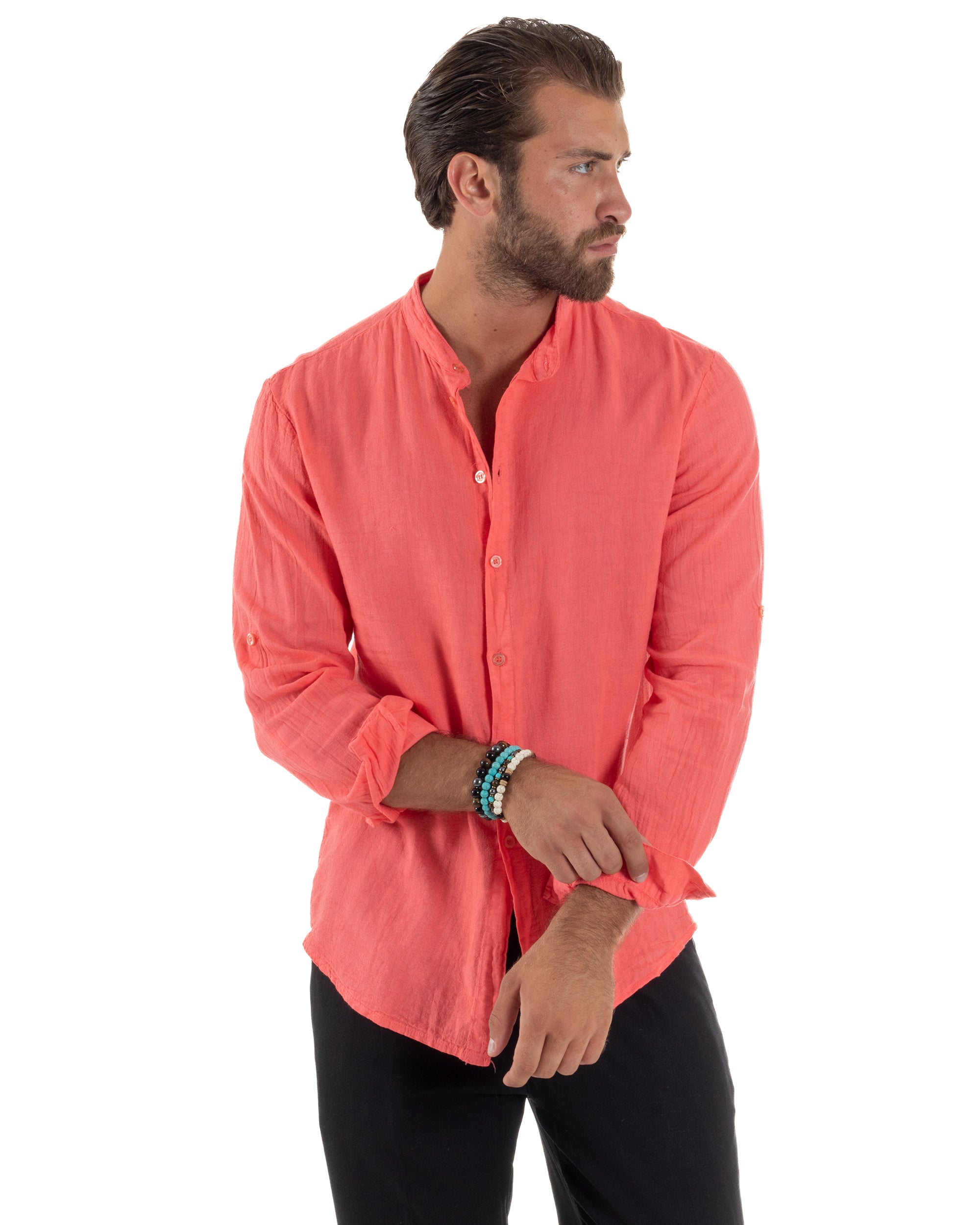 Camicia Lino Slim Fit Collo Coreano Corallo C3043A