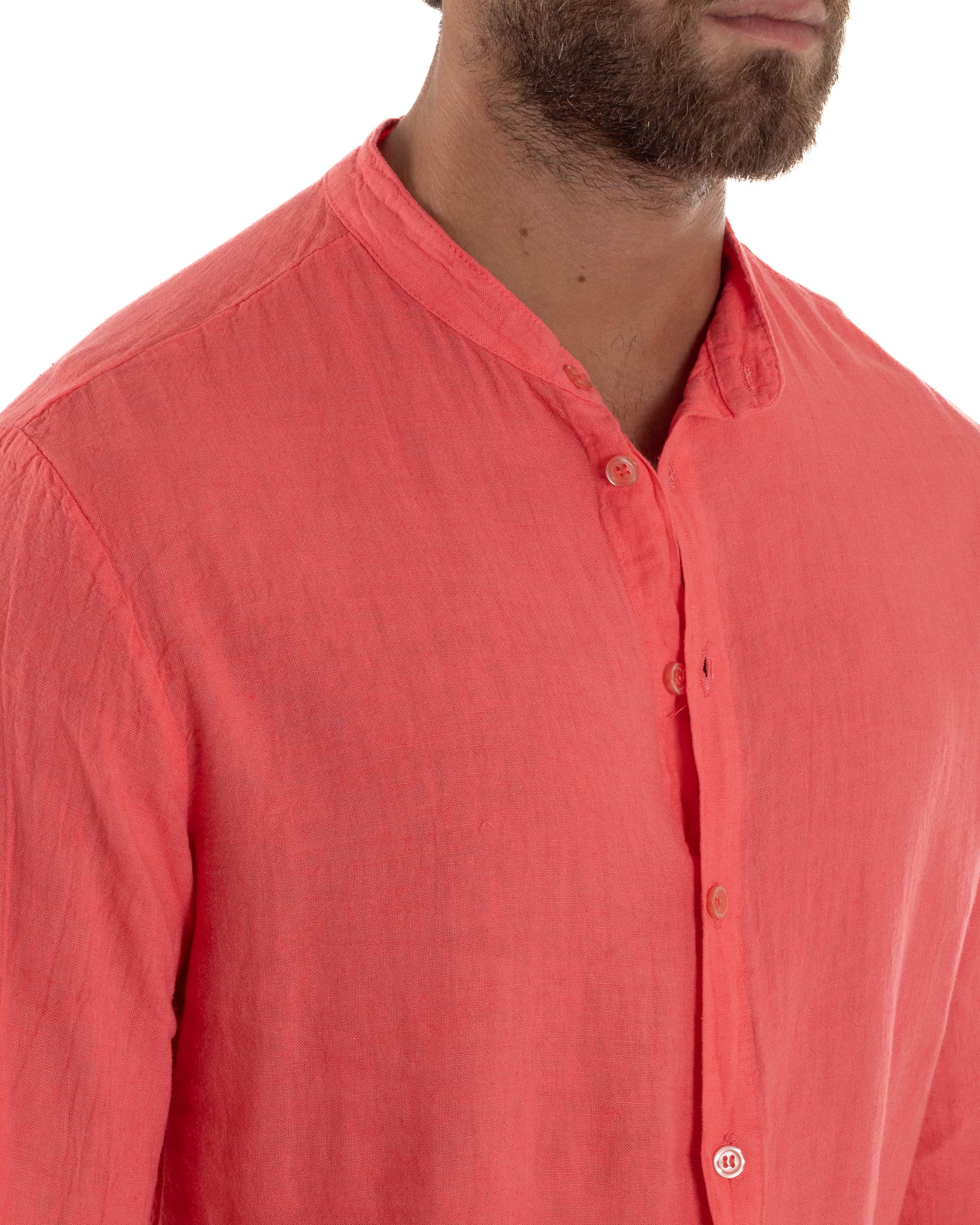 Camicia Lino Slim Fit Collo Coreano Corallo C3043A