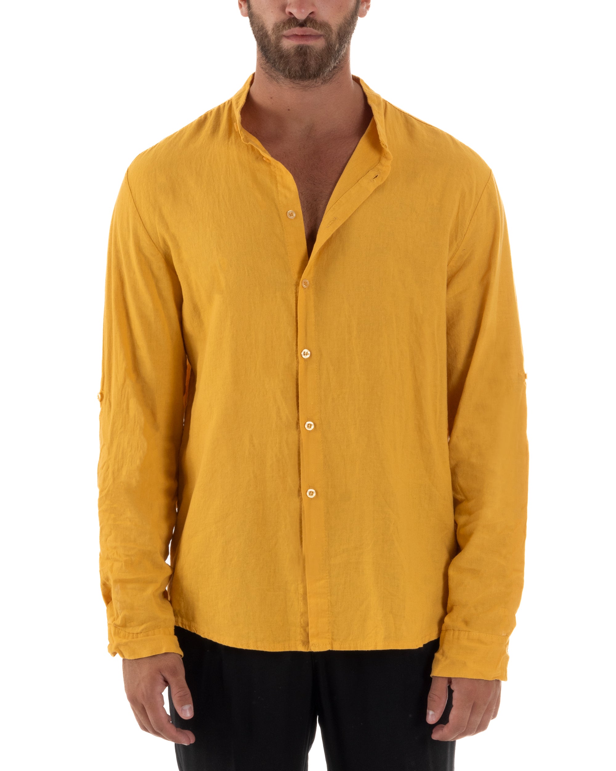 Camicia Lino Slim Fit Collo Coreano Senape C3045A