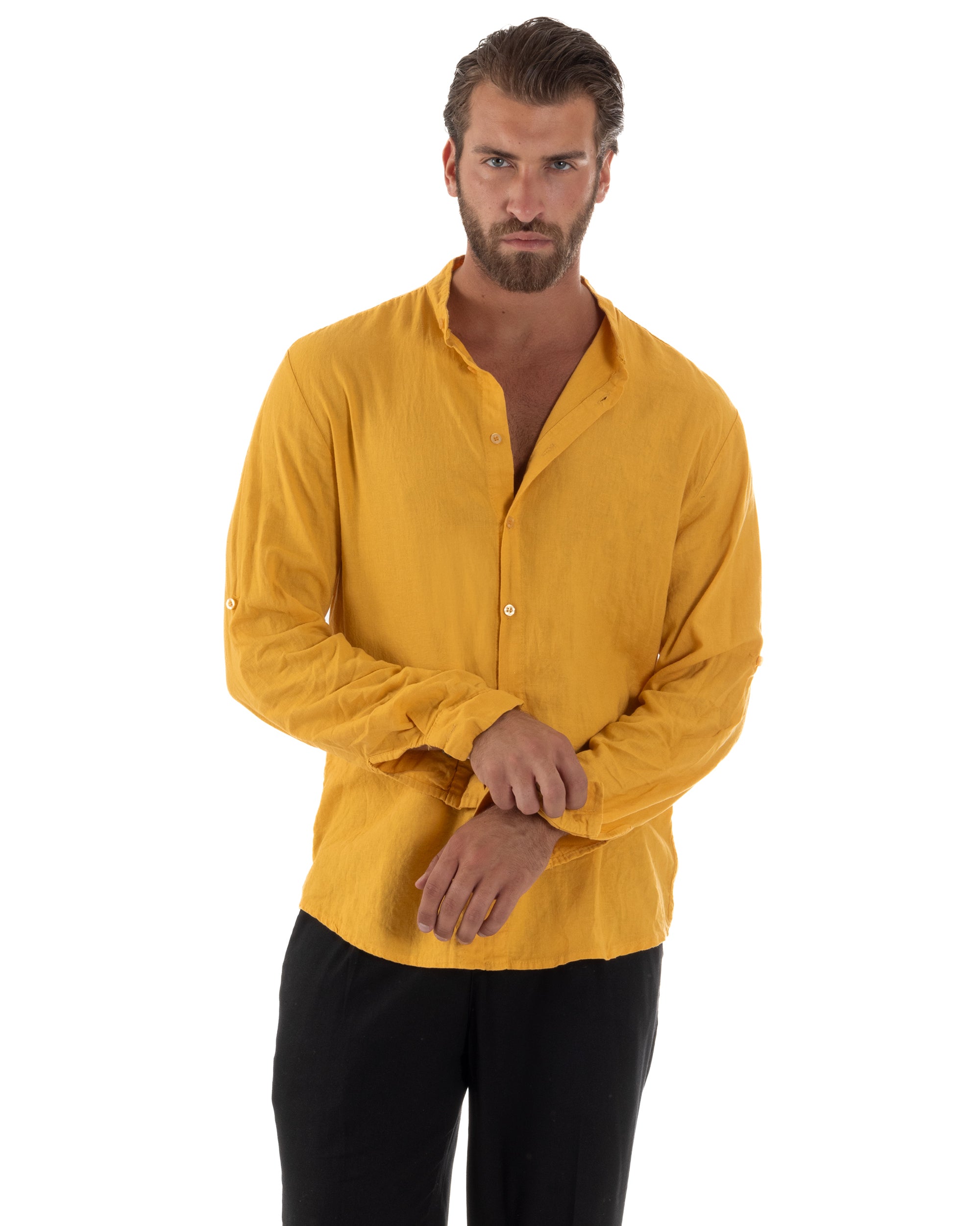 Camicia Lino Slim Fit Collo Coreano Senape C3045A