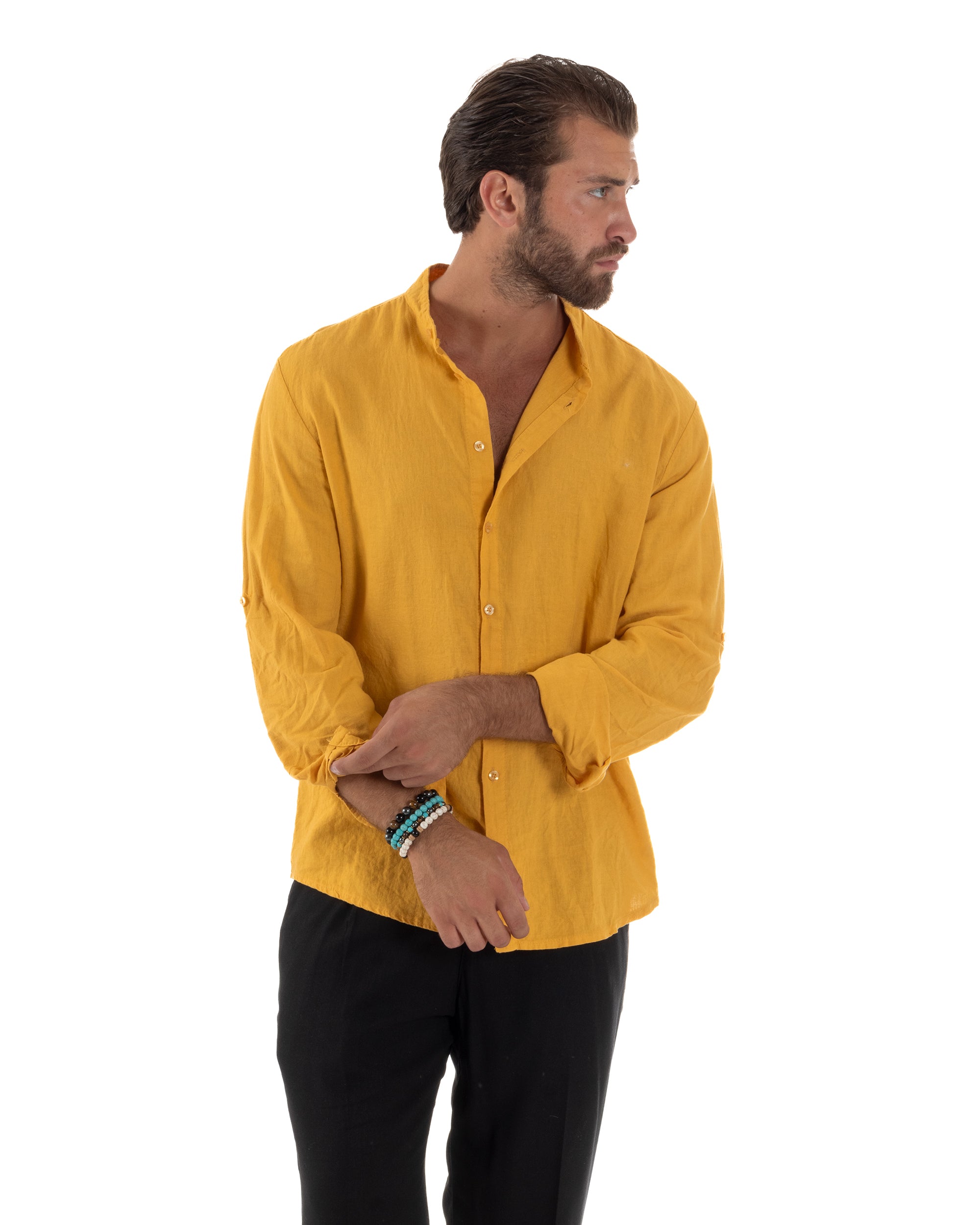 Camicia Lino Slim Fit Collo Coreano Senape C3045A