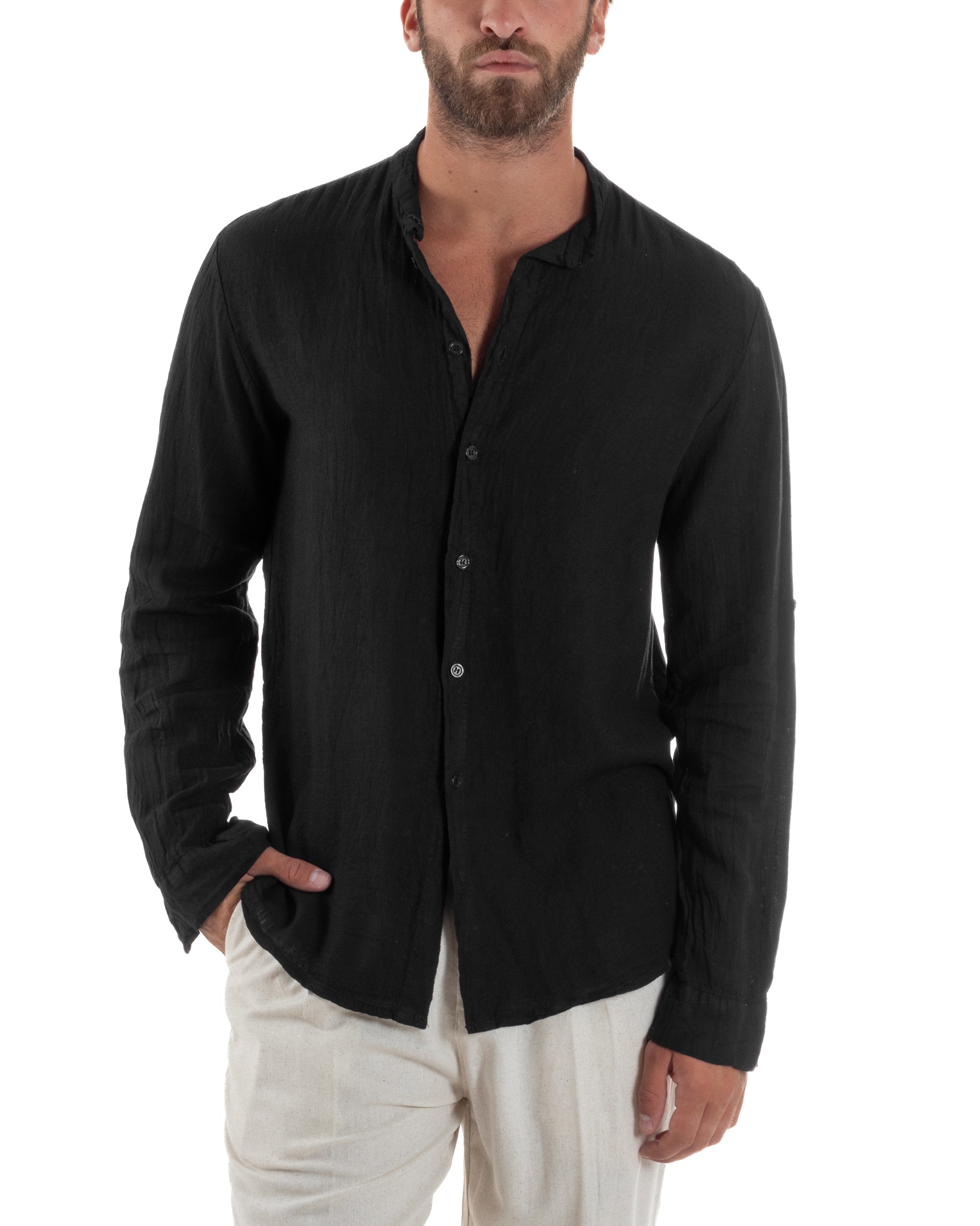 Camicia Uomo Lino Collo Coreano Maniche Lunghe Casual Slim Fit