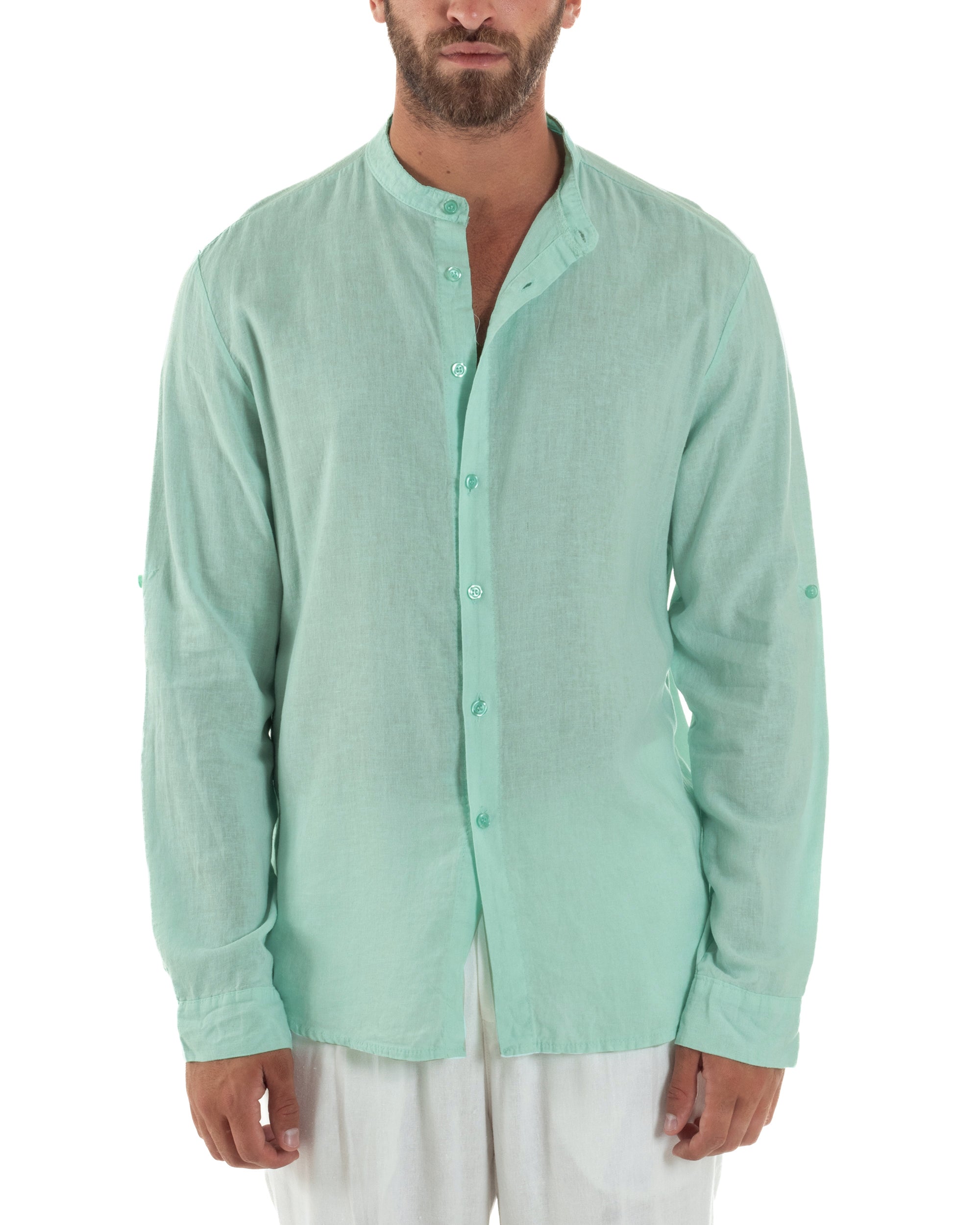 Slim-Fit-Leinenhemd mit Stehkragen, Aquagrün C3052A