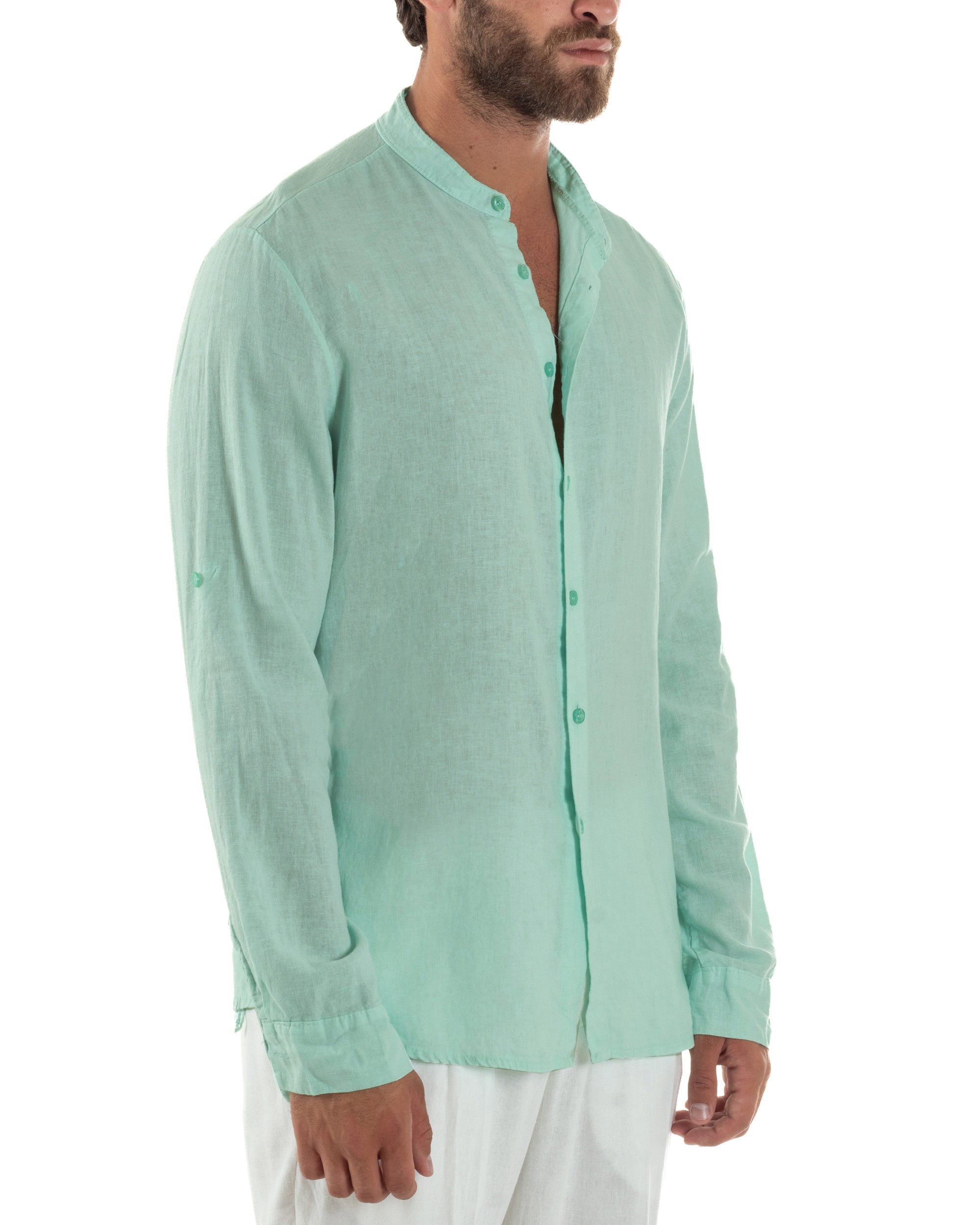 Slim-Fit-Leinenhemd mit Stehkragen, Aquagrün C3052A