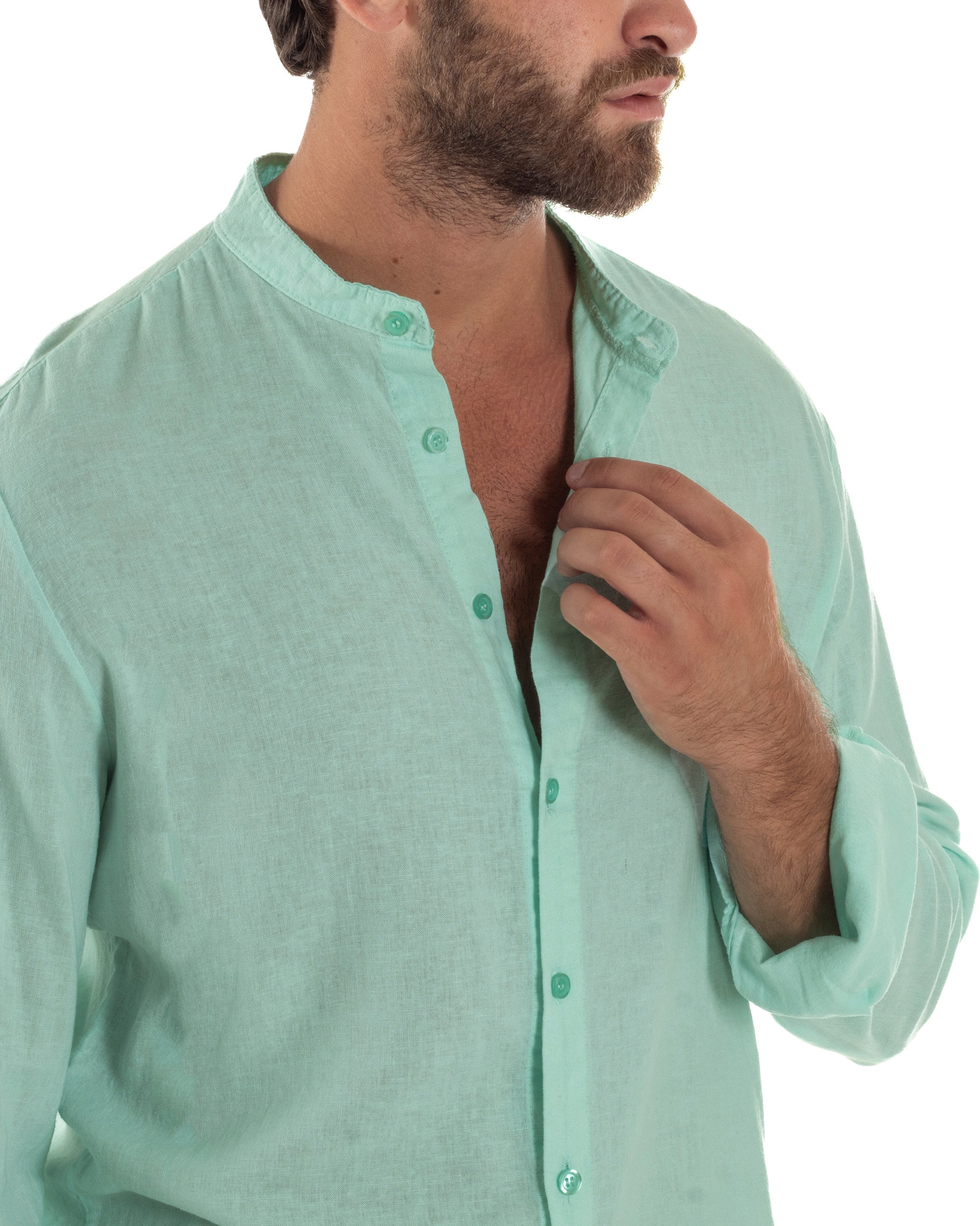 Slim-Fit-Leinenhemd mit Stehkragen, Aquagrün C3052A