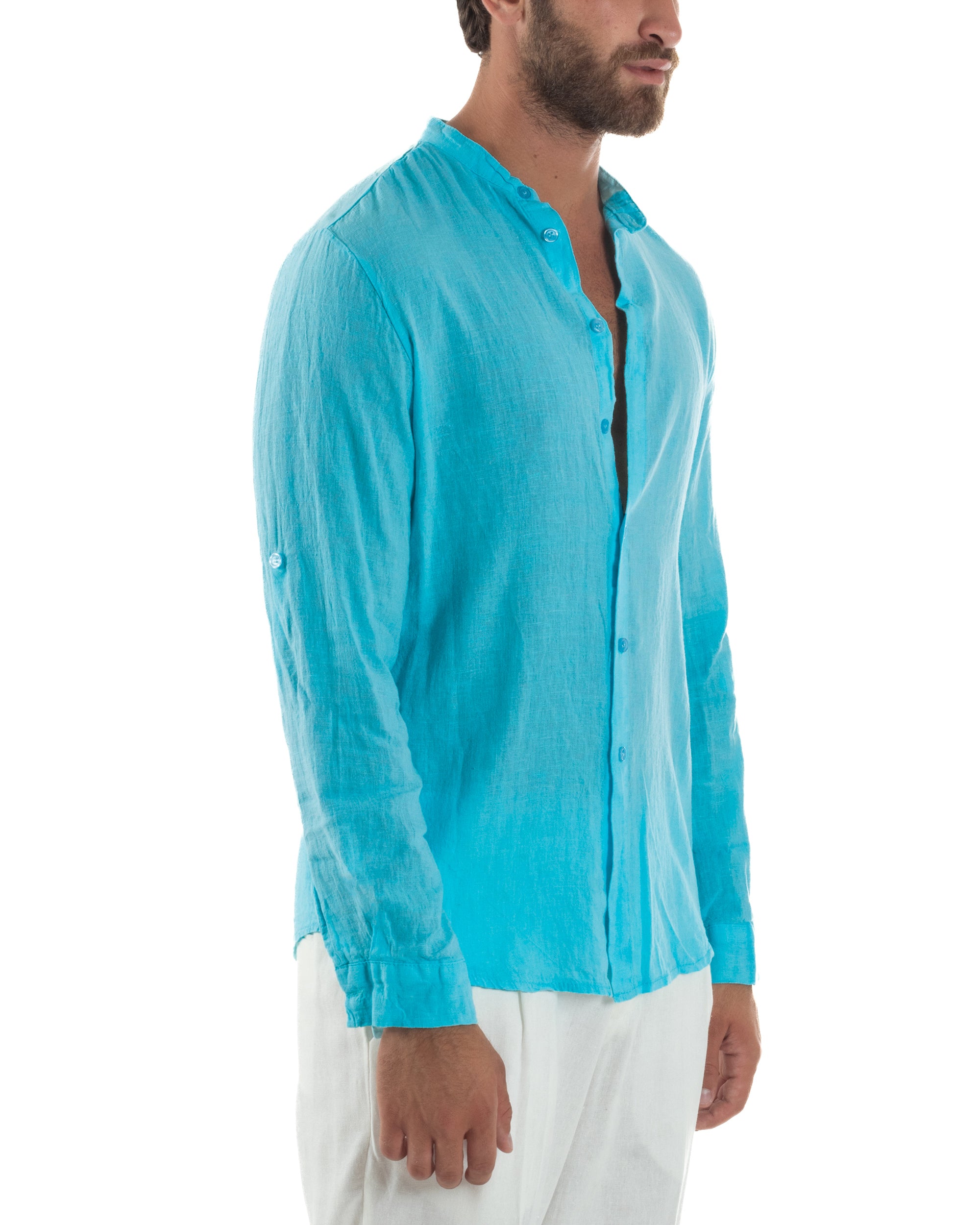 Slim-Fit-Leinenhemd mit Stehkragen, Türkis C3053A