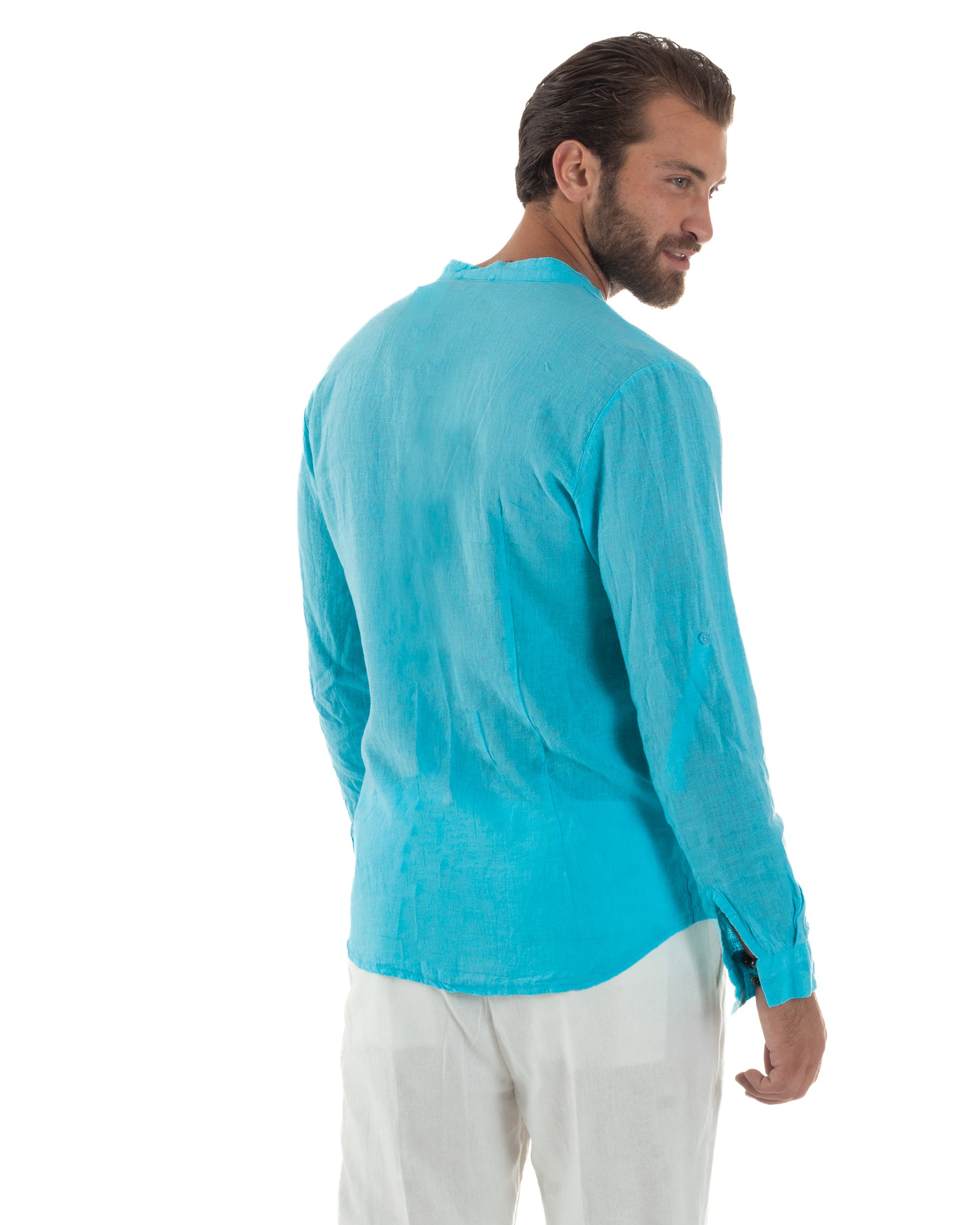 Slim-Fit-Leinenhemd mit Stehkragen, Türkis C3053A