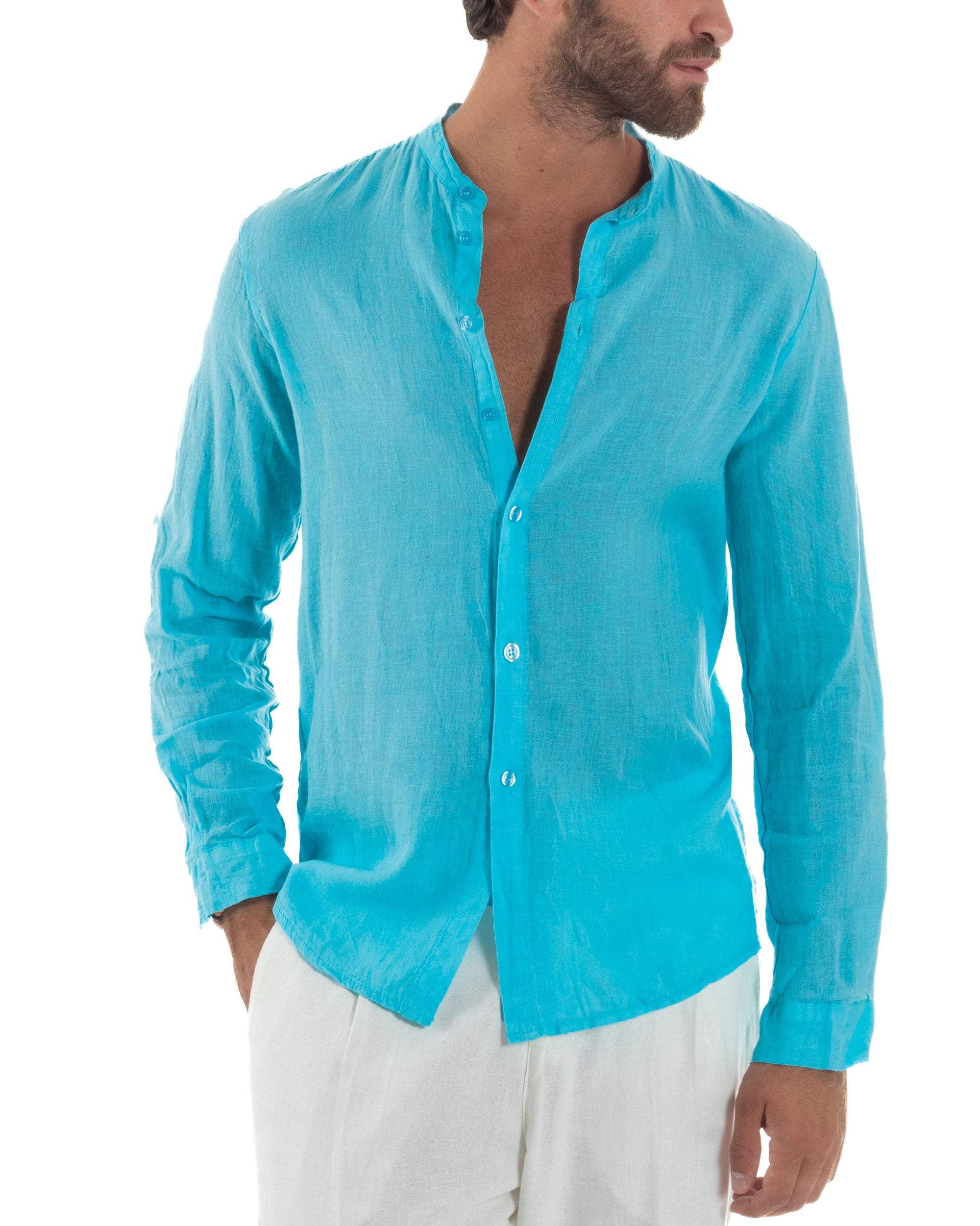 Slim-Fit-Leinenhemd mit Stehkragen, Türkis C3053A