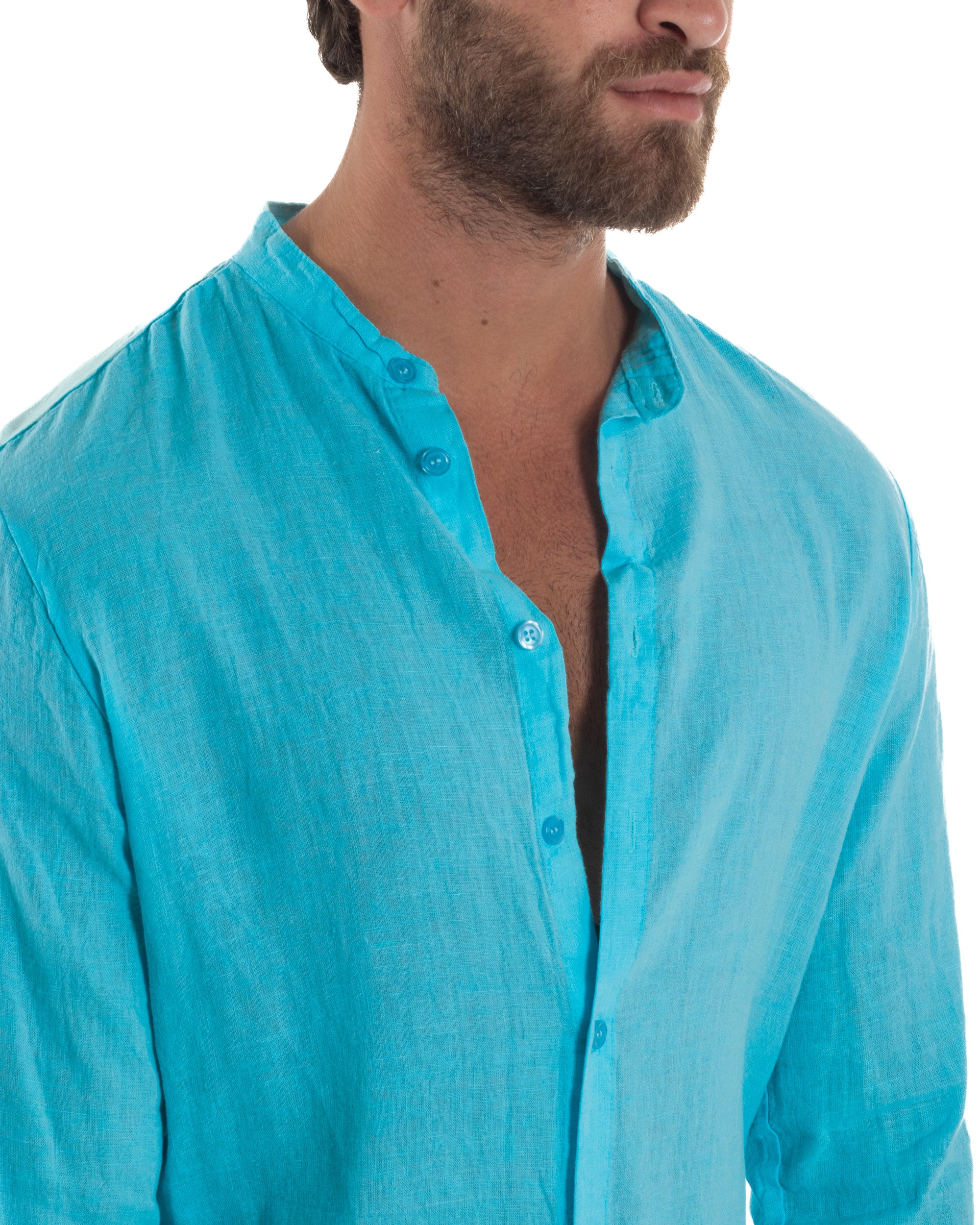 Slim-Fit-Leinenhemd mit Stehkragen, Türkis C3053A